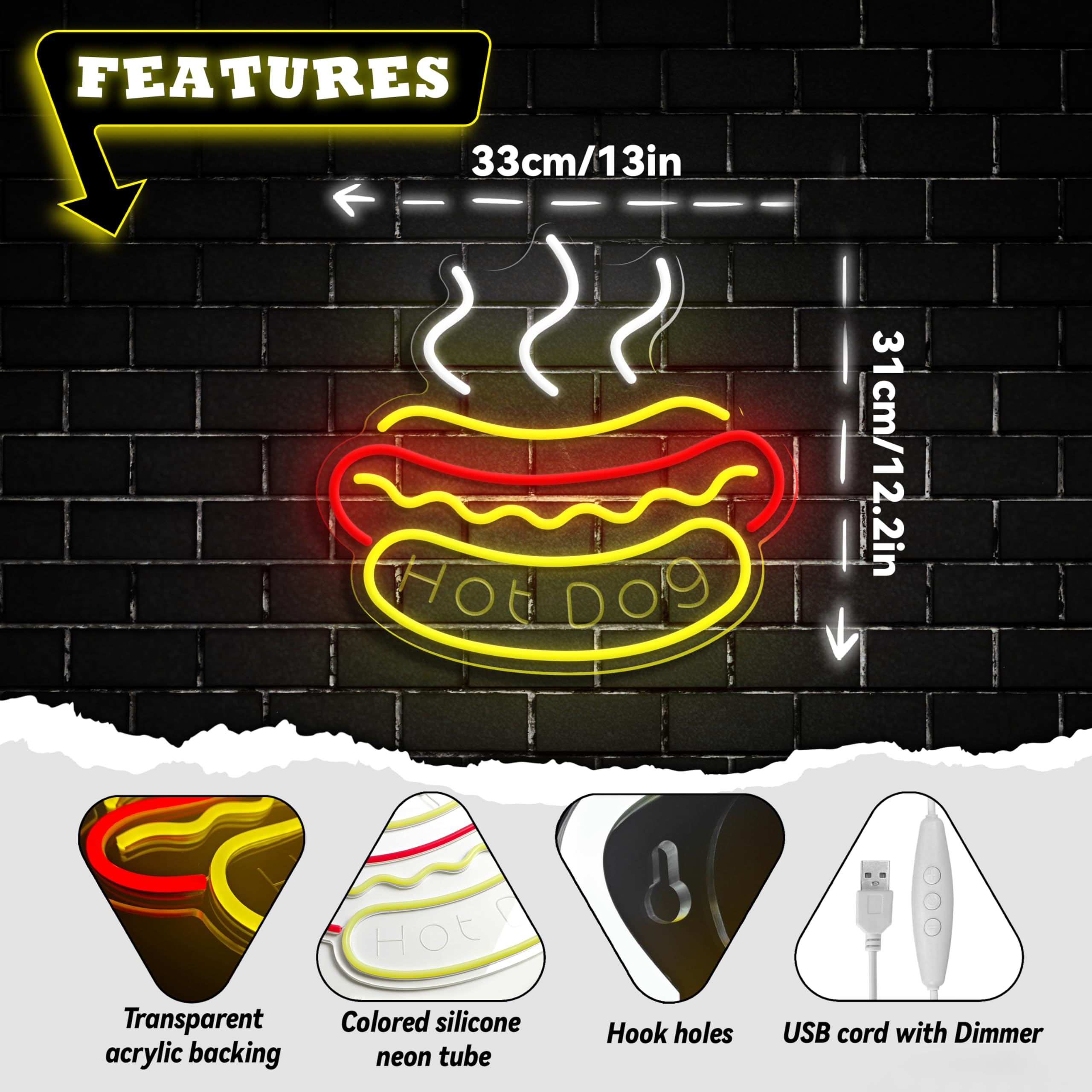 VIKLIU Hot Dog Neon Sign - Dimmable LED Light, USB Powered, Acrylic, 12.99x12.2 inches, Yellow - Perfect for Fast Food Shops & Parties