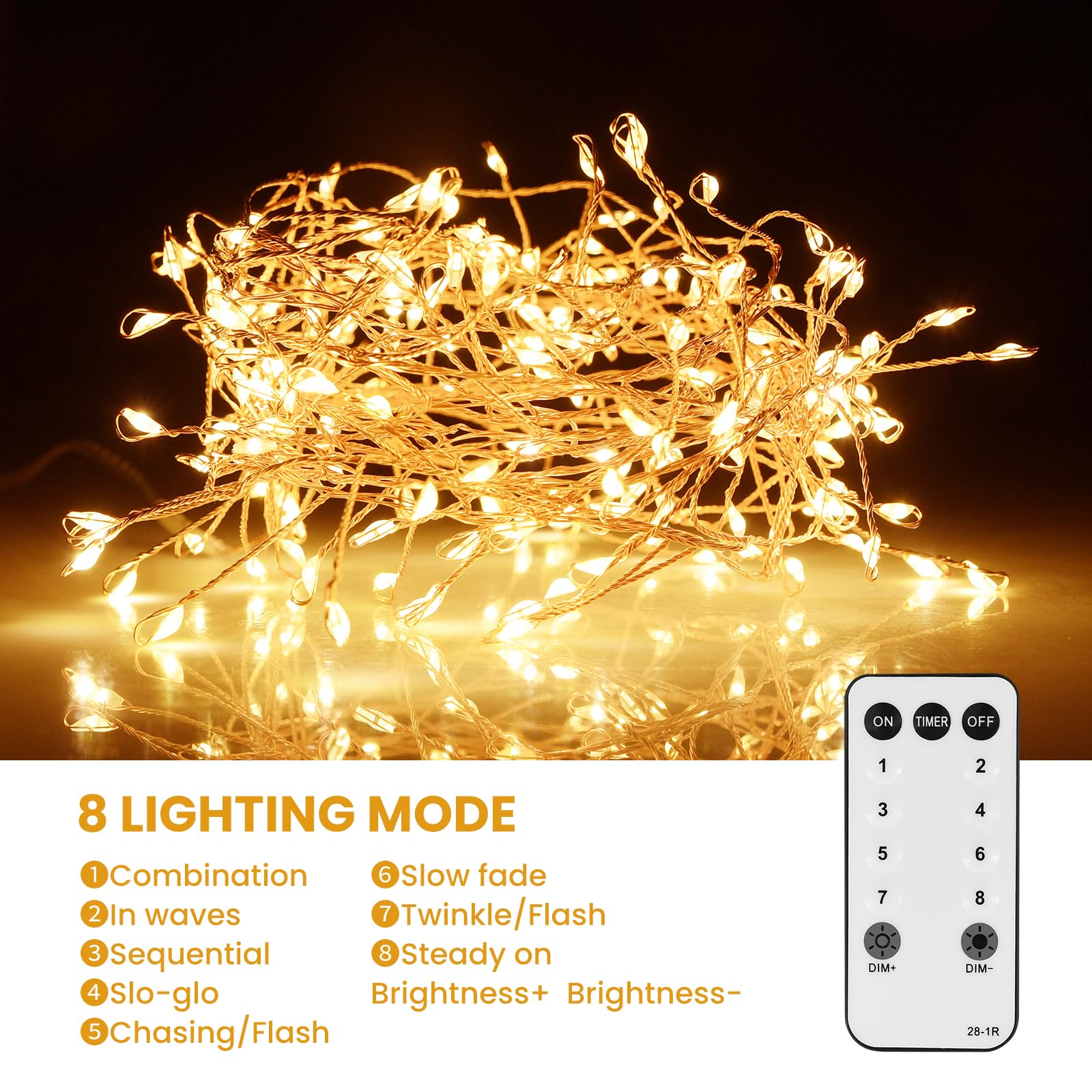 Dailyart 300 LED Fairy Lights, Warm White, 10ft Gold Copper Wire, Waterproof, Remote Control, 8 Modes, Model 300LED-JS