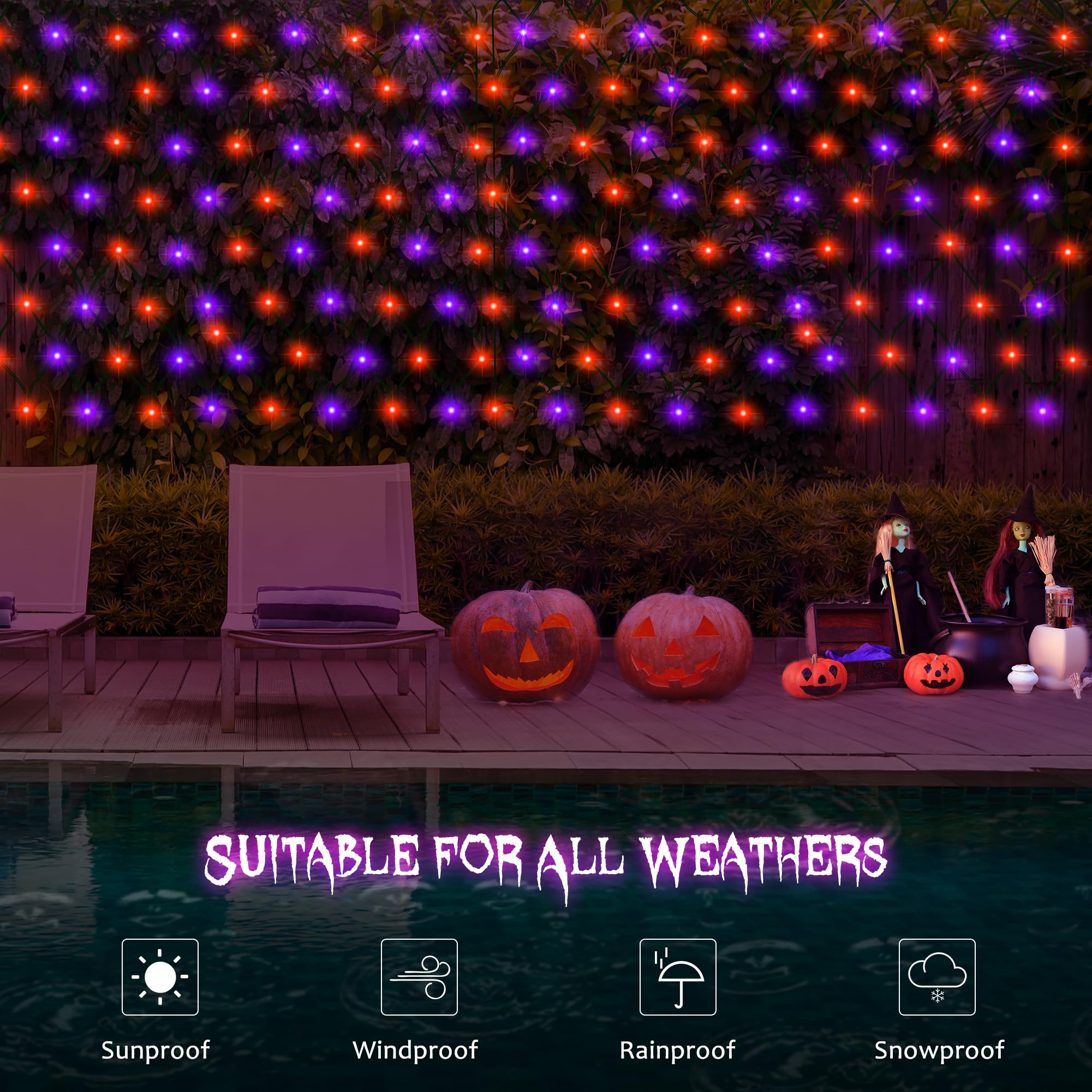 echosari Halloween Net Lights, 100 LED, Battery Operated, 5ft ×5ft, Purple Orange, Model 3AA-100NetL, Remote Timer, Dimmable