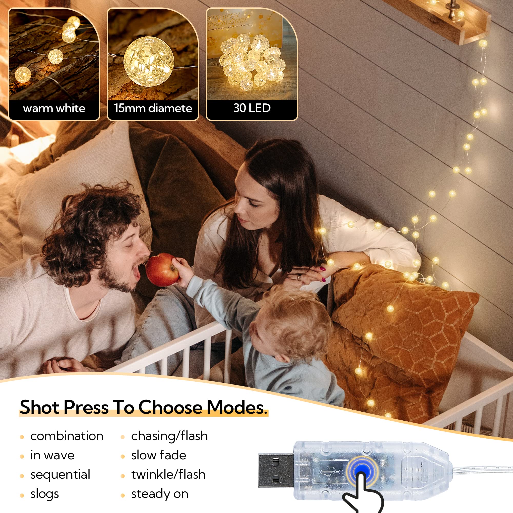 BEEWIN 10FT Globe String Lights, 30 LED Warm White USB Fairy Lights, 8 Modes, Indoor/Outdoor, Decorative for Weddings, Parties, and Gardens