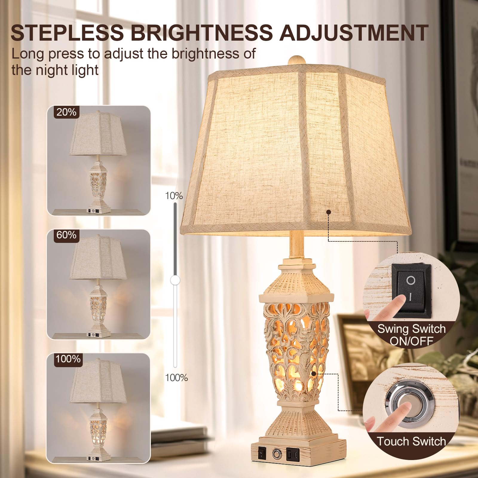 Aidenoey Farmhouses Table Lamp With Usb & Usb-C Charging Ports, 3-Color Dimmable & Stepless Bottom Dimming, Touch Control & Swit