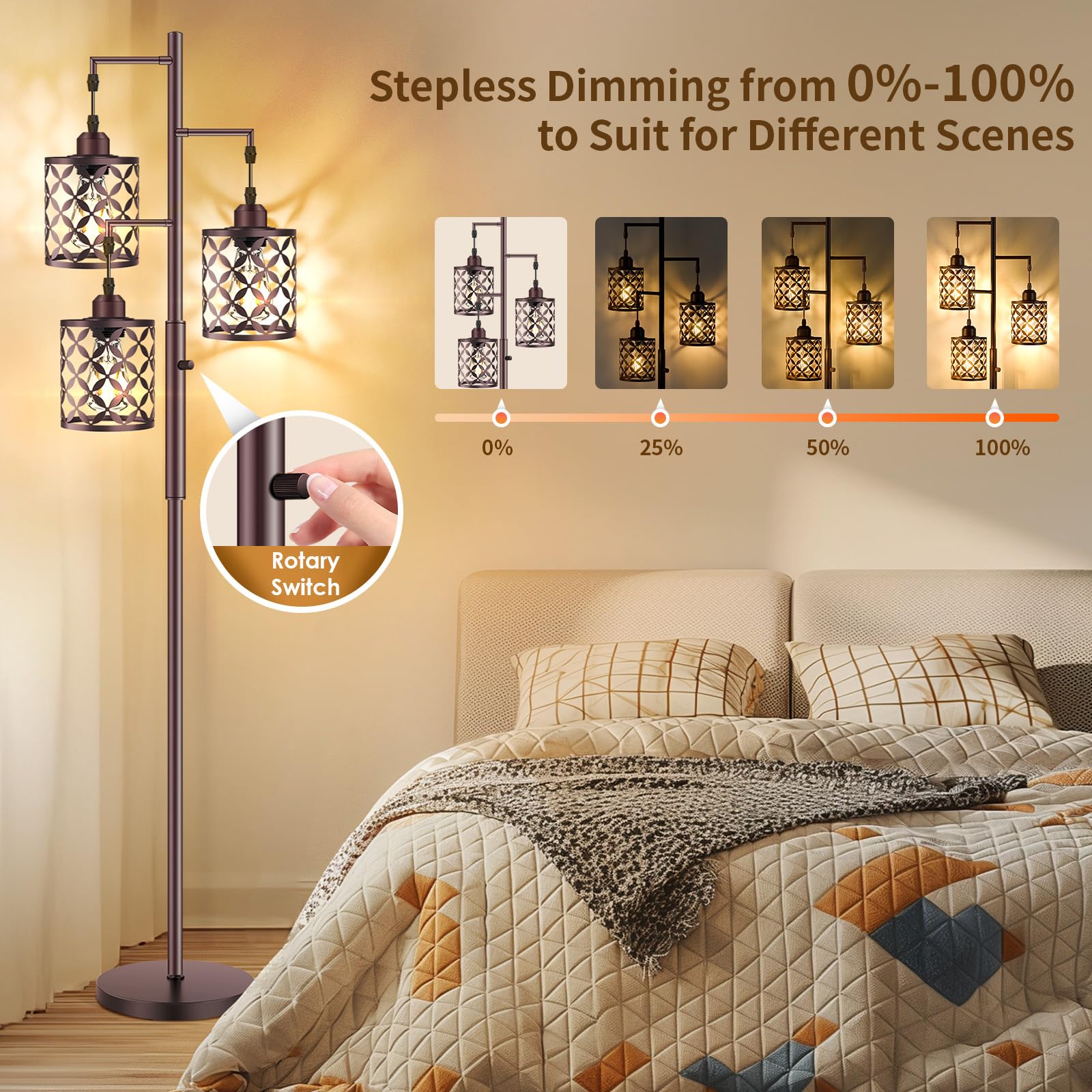 GHOOCEMLUX 68in Dimmable Floor Lamp, Brown Metal Cage, Industrial Style, Model GH-005