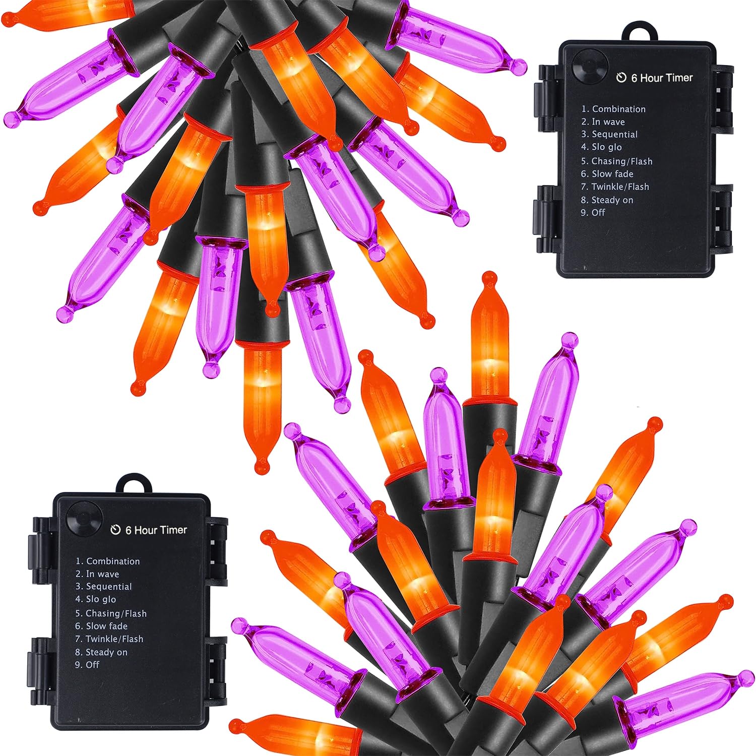Waterglide 50 Led Halloween String Lights, 16 Ft Waterproof Mini Lights, Orange & Purple, 8 Modes, Battery Operated For Indoor/Outdoor Use