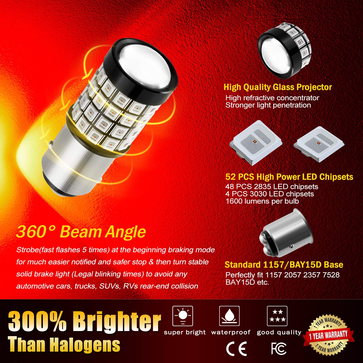 BRISHINE 1157 LED Brake Light Bulbs, Super Bright 52-SMD, BAY15D, Brilliant Pure Red, Model SHINE-FLA1157R-2P (Pack of