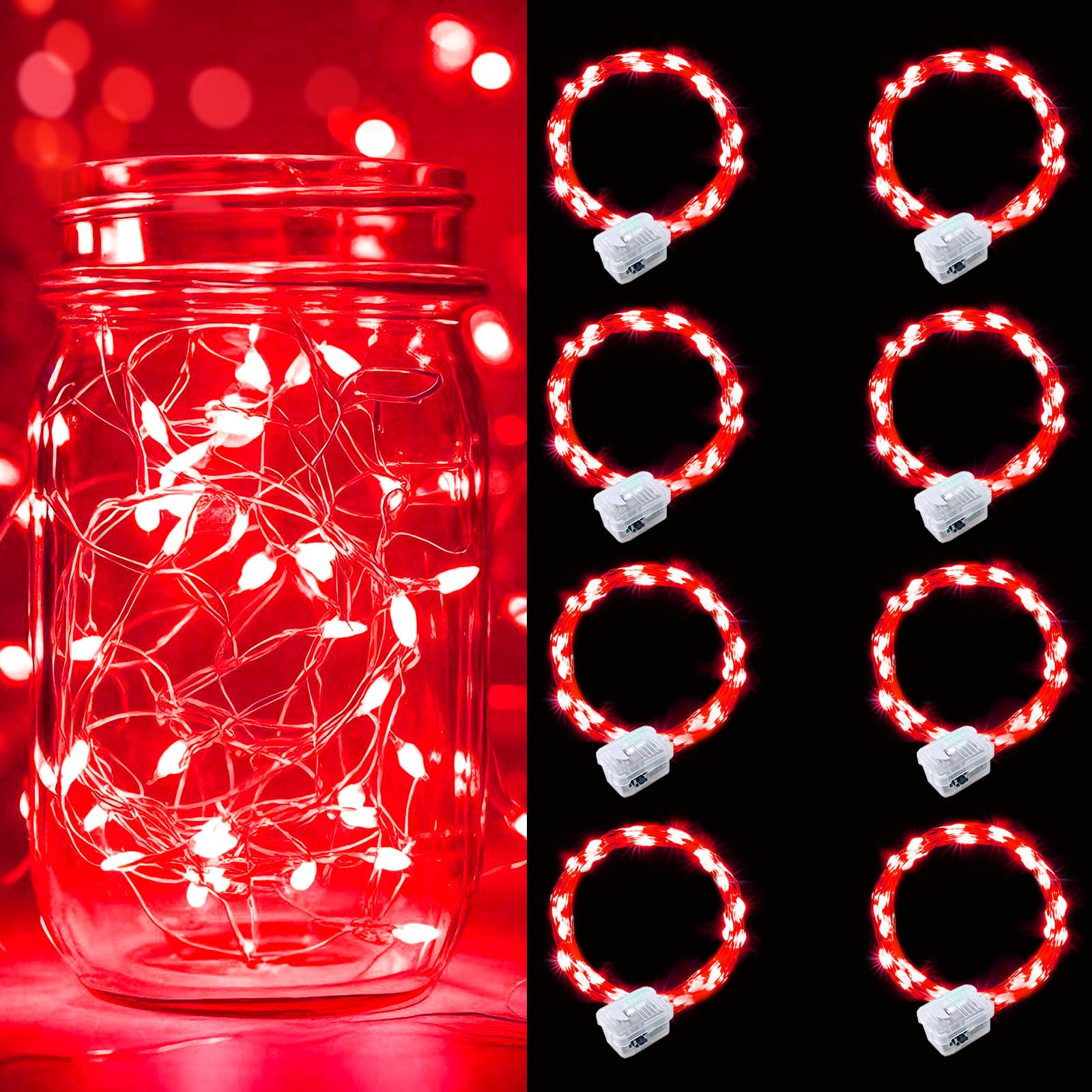 pozzolanas 8 Pack Red Battery Operated String Lights - 7ft Waterproof Fairy Lights with 20 LEDs for Home  Mason Jar  Party  Wedding  Halloween  Christmas Decorations