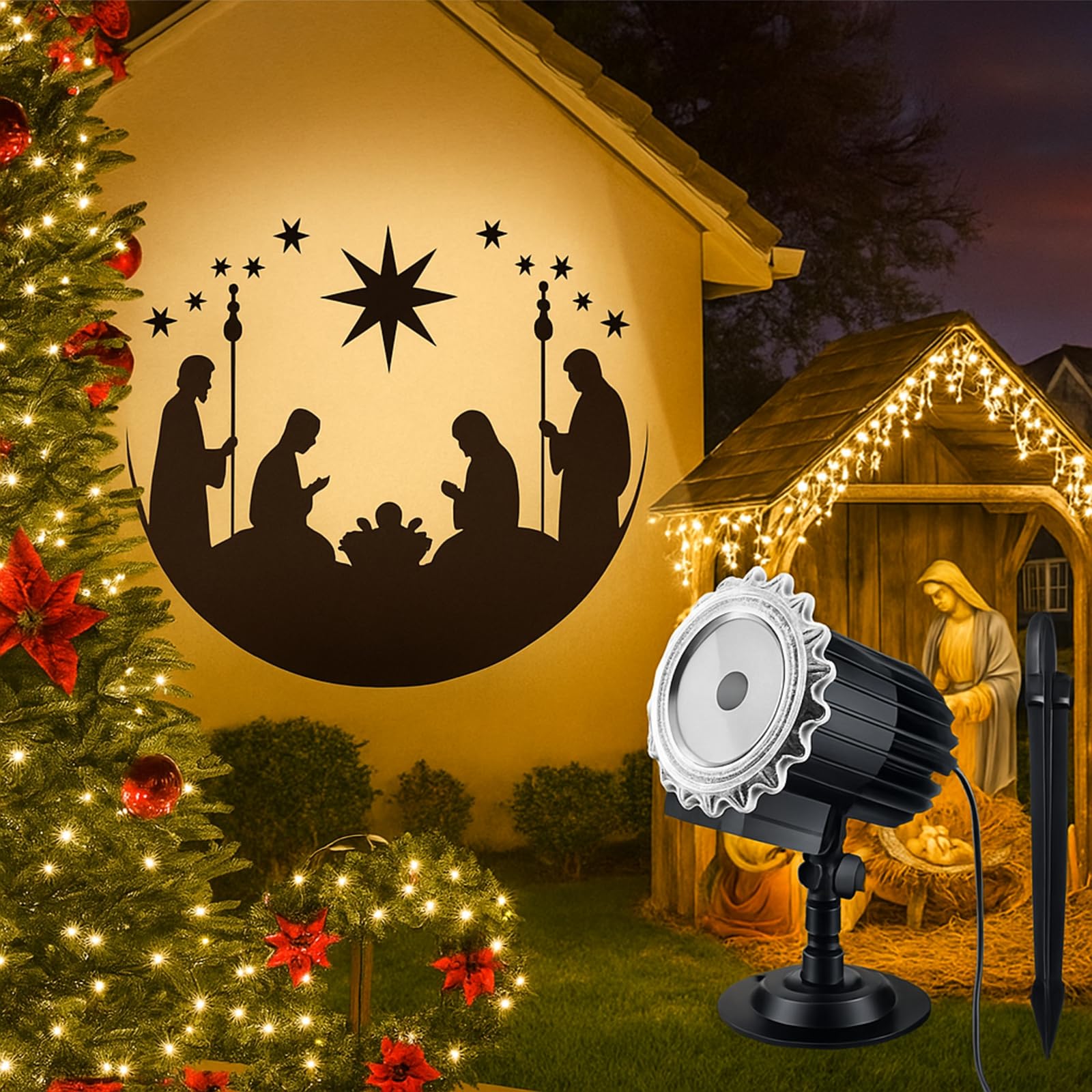 Tuanse Christmas Projector Lights Outdoor Rotating Nativity Projector LED Flood Light Holiday with Stars for Christmas Party Gar