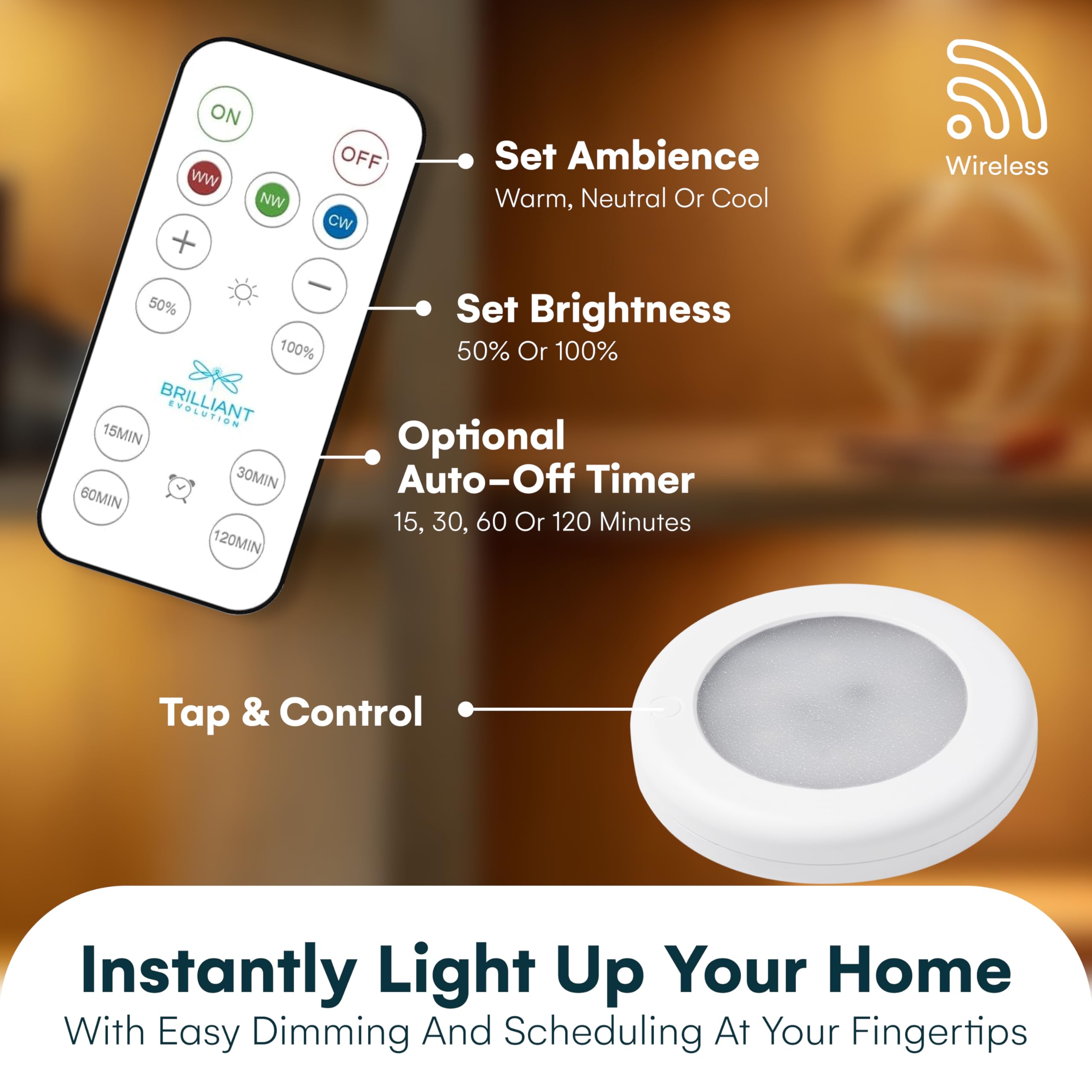 Brilliant Evolution Rechargeable Puck Lights - Dimmable LED - 3000K/6000K - Pack of 3 - White - Model P-BEv-RchPuk-3pk