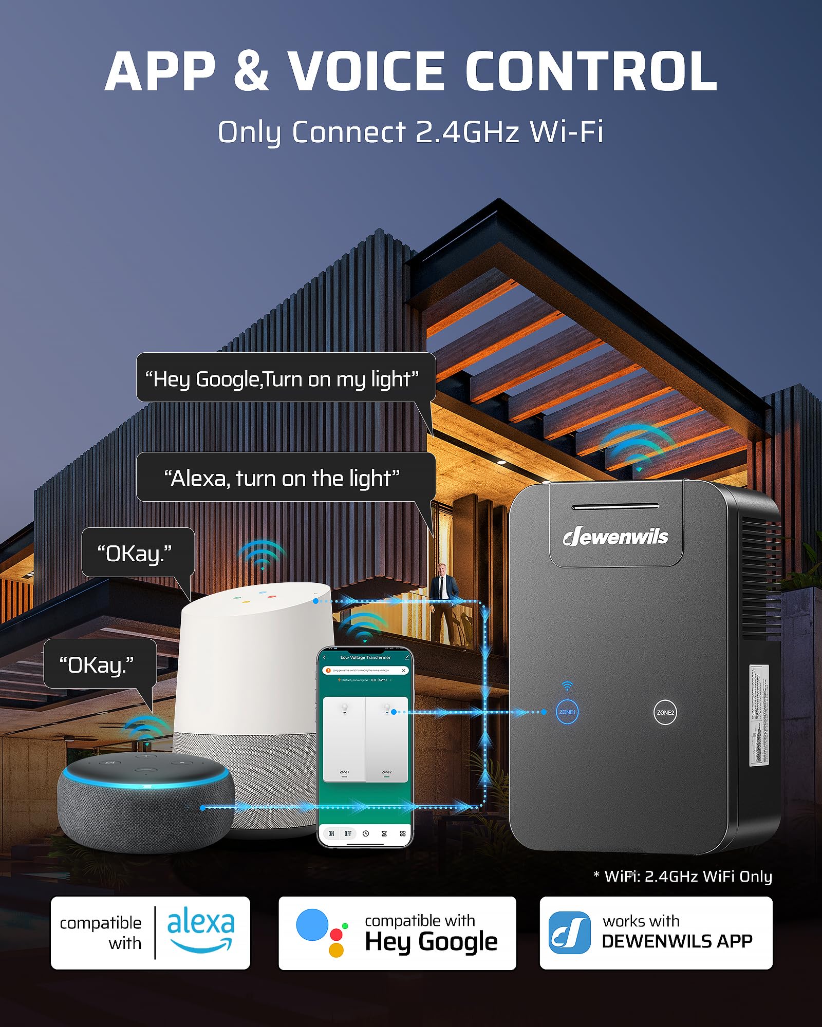 DEWENWILS 200W Low Voltage Landscape Transformer, 2 Zones WiFi Low Voltage Transformer, Weatherproof for Landscape Lighting, 120