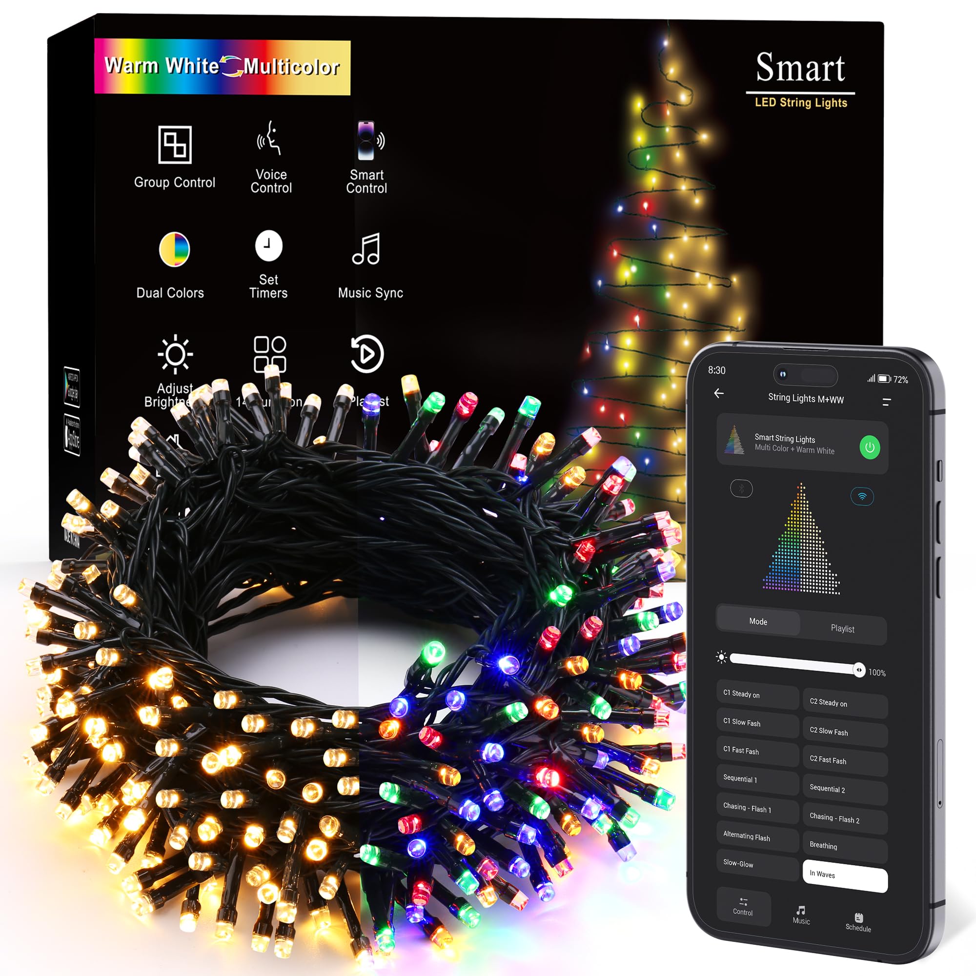 Brizled Smart Christmas Lights, 66FT 200 LED Color Changing Christmas String Lights App & Voice Control, Dimmable Warm White & M