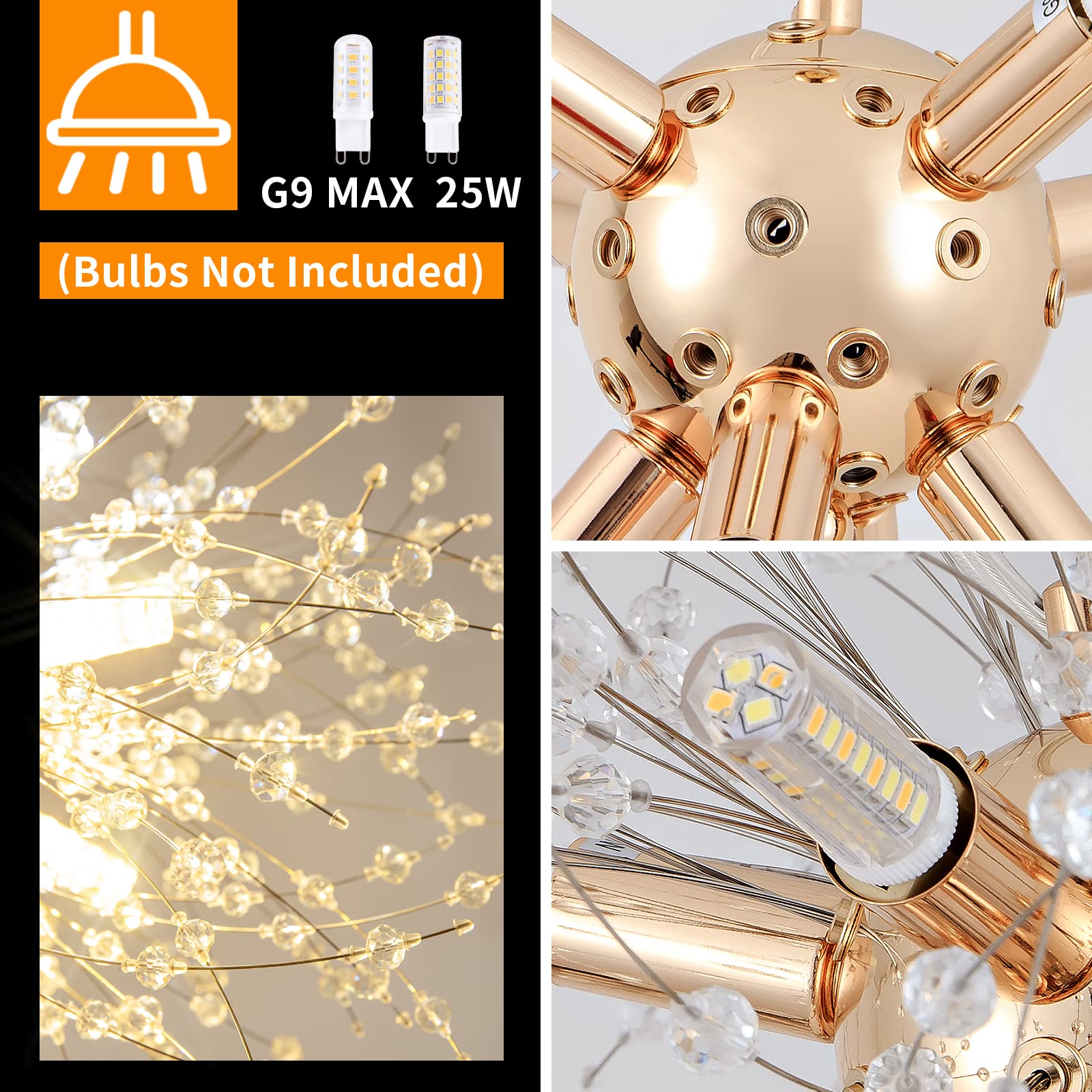Cm Mzy Modern Crystal Chandeliers Firework, 8-Light Gold Dandelion Sputnik Ceiling Light Fixtures, Sputnik Chandelier For Bedroom Living Room Dining Room Kitchen Island Hallway