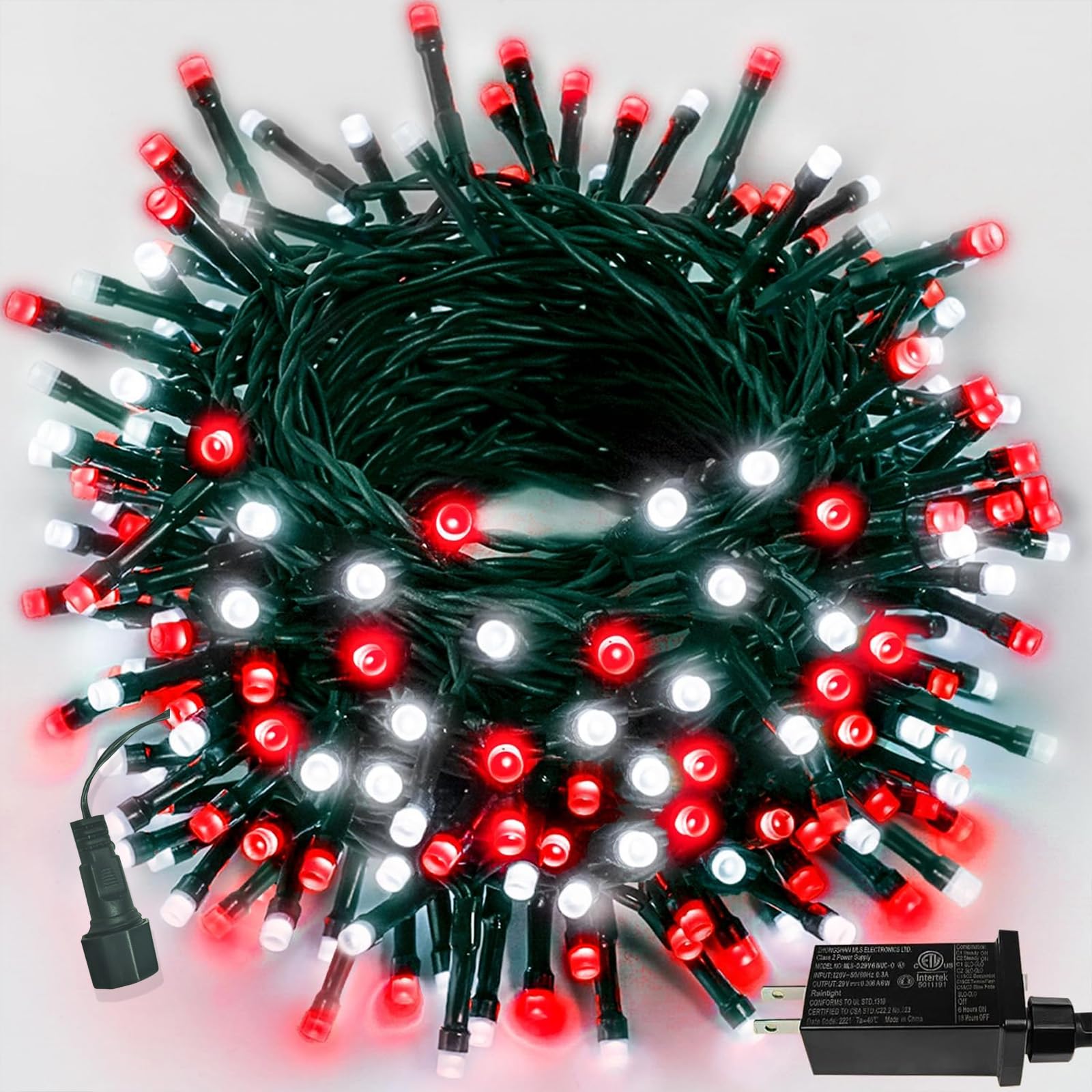 YIQU 200 LED Christmas Lights, Red & White, Timer & Memory Function, 75.8 FT, Waterproof, Extendable, 8 Modes