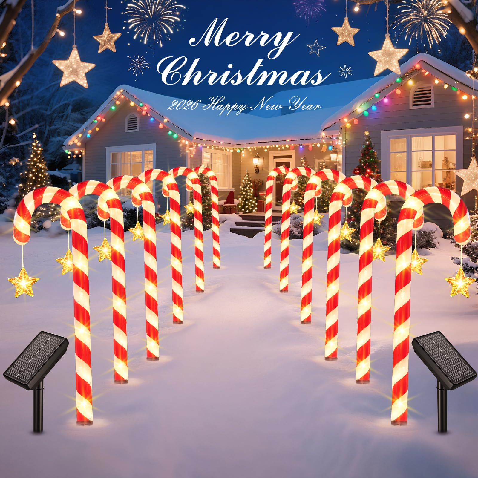 Solar Christmas Lights Outdoor Waterproof: 24-Pack Solar Candy Cane Christmas Decorations Outdoor Pathway Lights with Stakes 10 Modes  144 LED Xmas Decorations for Yard Garden Holiday Decor