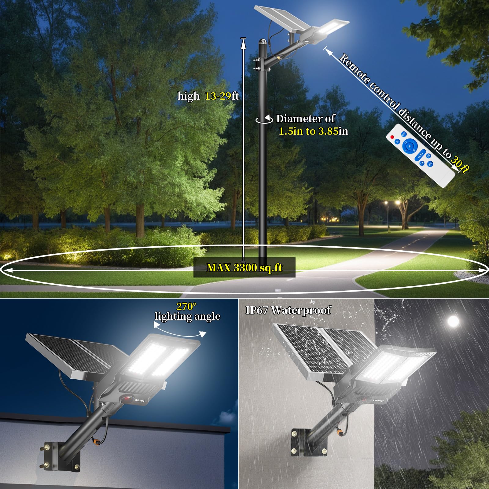 Ofuray Of-7000W Solar Street Lights - 500000lm Motion Sensor, IP67 Dusk to Dawn, Black, Remote Control for Outdoor Use