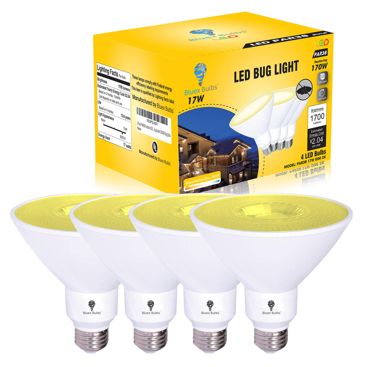 4 Pack Par38 Amber Yellow Led Bug Light Bulb Outdoor Led Flood Light Bulb 17W 170 Watt Equivalent Dimmable Waterproof E26 Bug Le