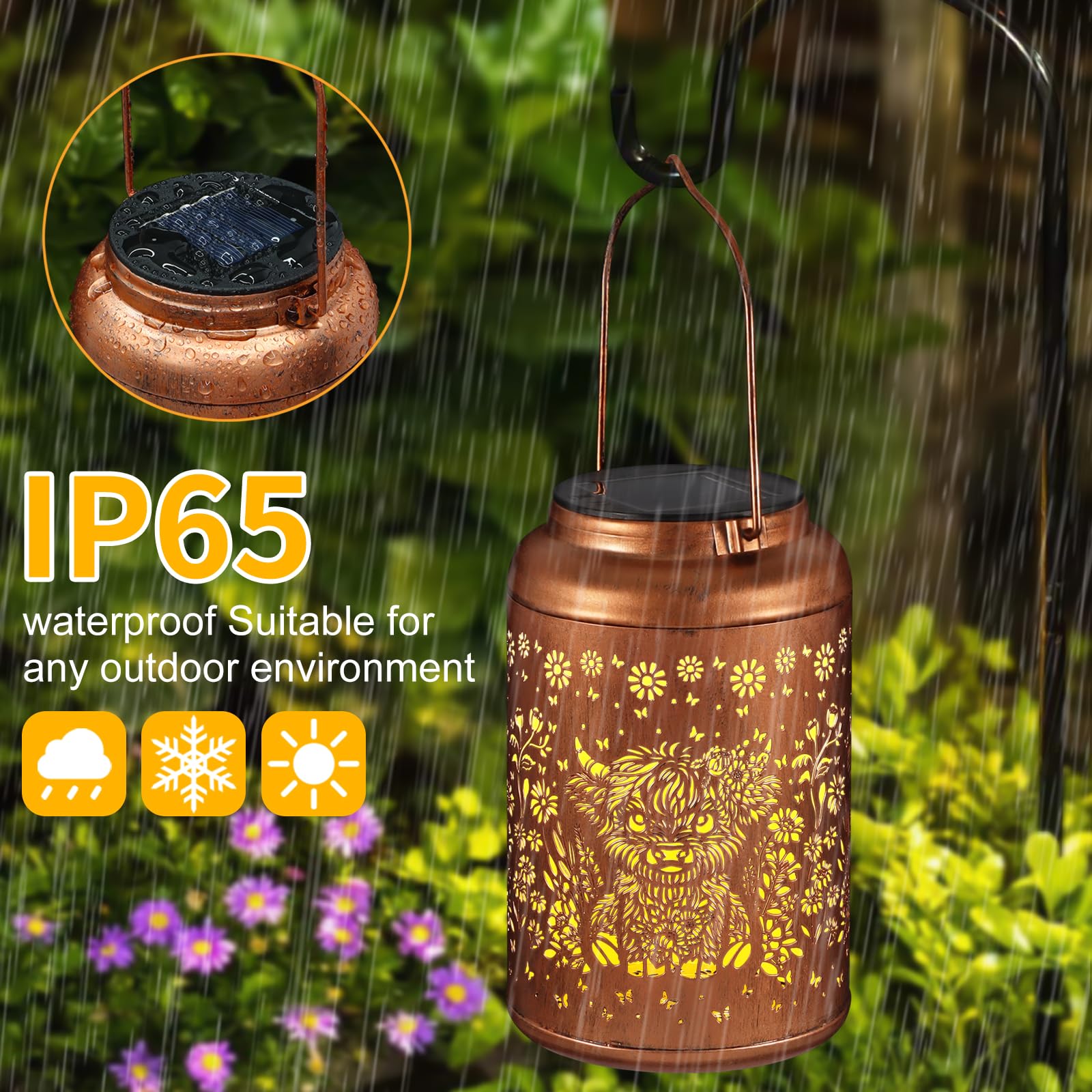 Solar Lanterns Outdoor Waterproof Garden Decor Birthday Gifts For Women Mom Grandma Hanging Solar Lights Metal Decoration Outside For Yard  Patio (Highland Cattle)