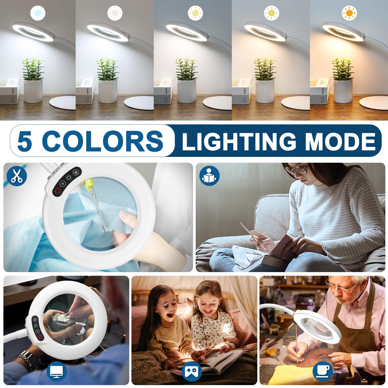 Ivmaie 10X Magnifying Glass With Light, Flexible Gooseneck Lighted Magnifier With Stand, 5 Color Modes Dimmable Led Desk Lamp Ha