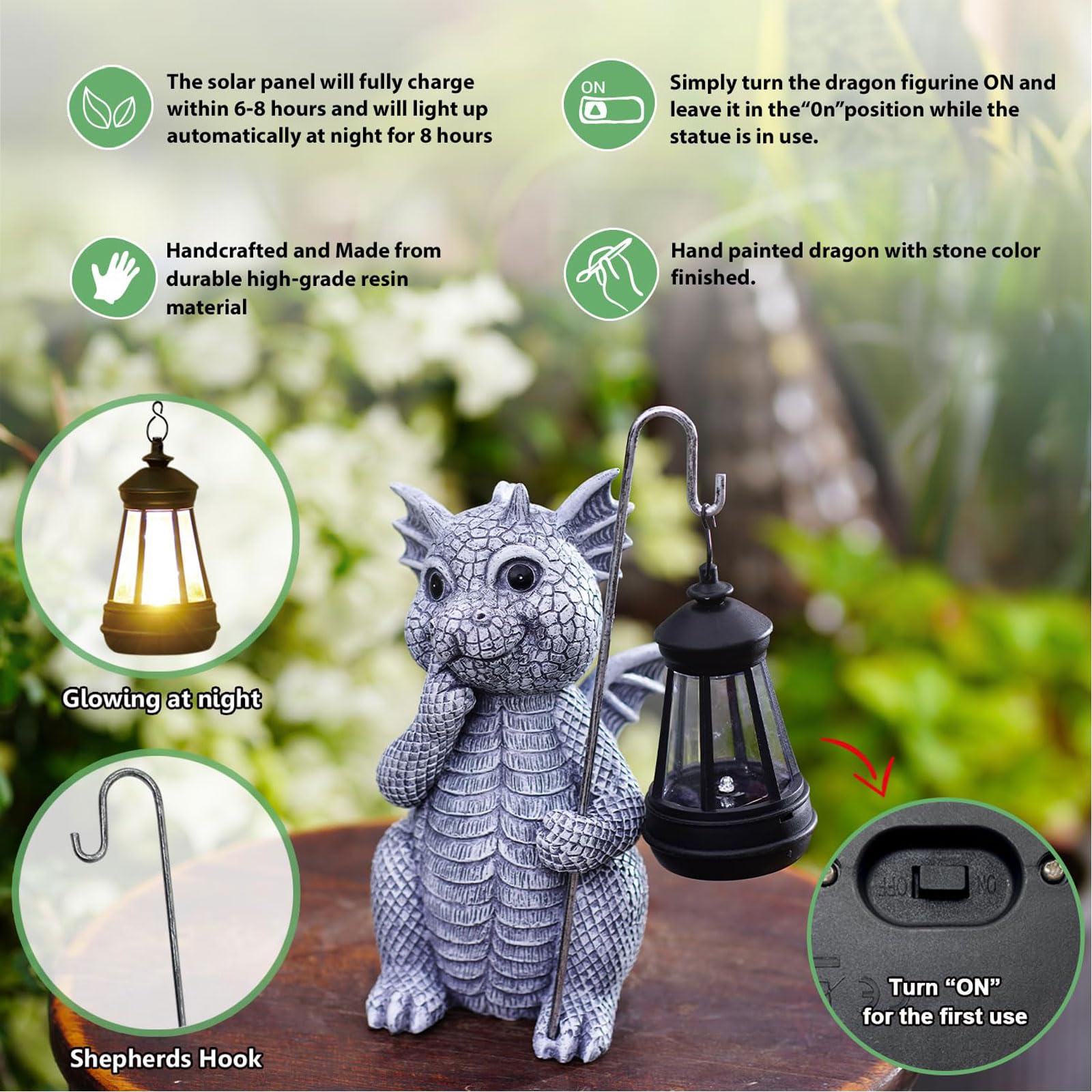 Qeeman Garden Decor Statue - Dragon with Solar Lantern, Gray Dragon - Outdoor Yard Art for Mom, Grandma, Wife, Sister, Lover