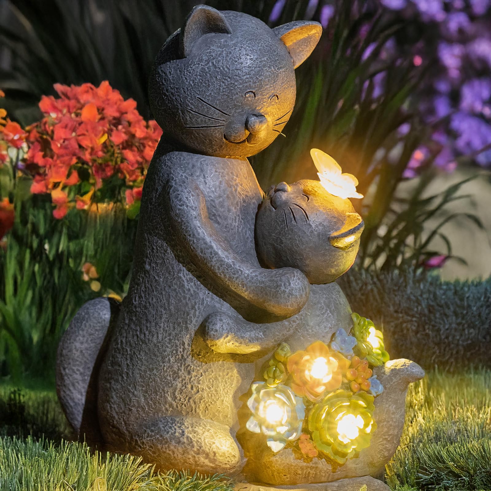 Solar Garden Statues Loving Cat Figurine Lights for Outside, Yard Decorations Outdoor, Garden Christmas Decor Unique Birthday Ho