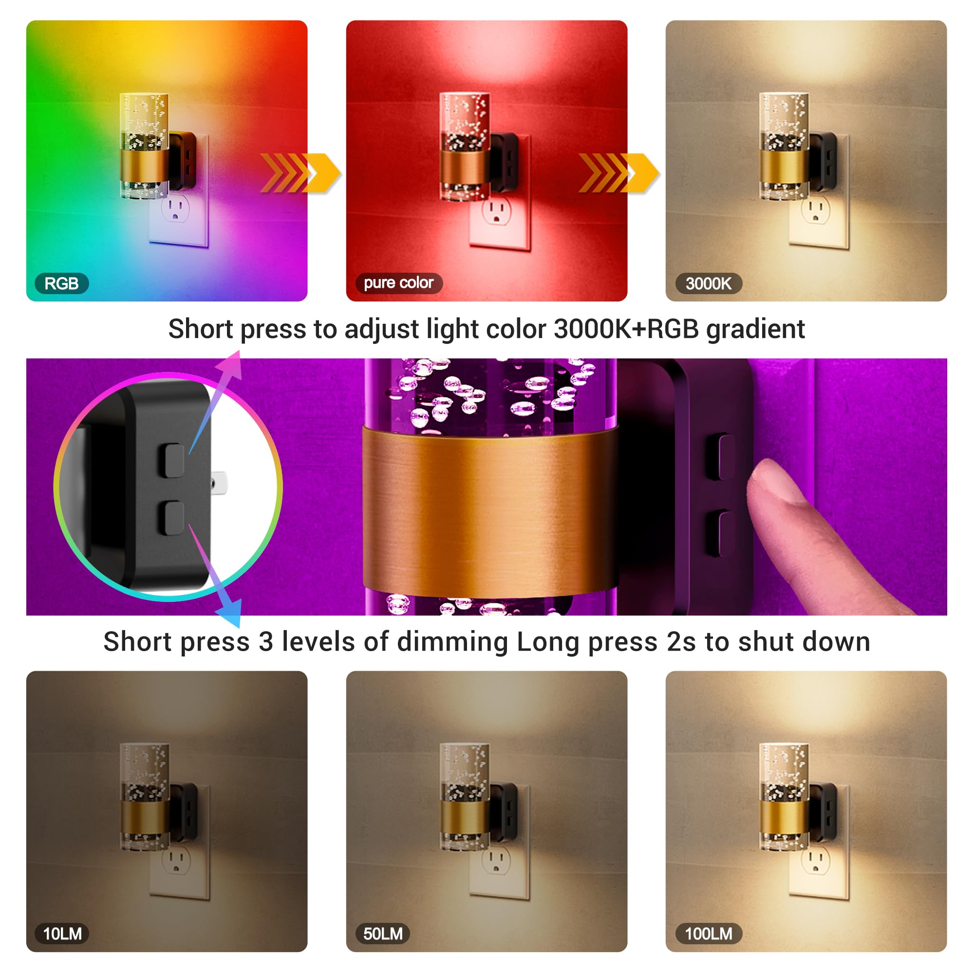Jandcase Night Lights Plug Into Wall,2 Pack Color Changing Night Light For Kids, 3000K+Rgb 10-Color Led Nightlight With Dusk To