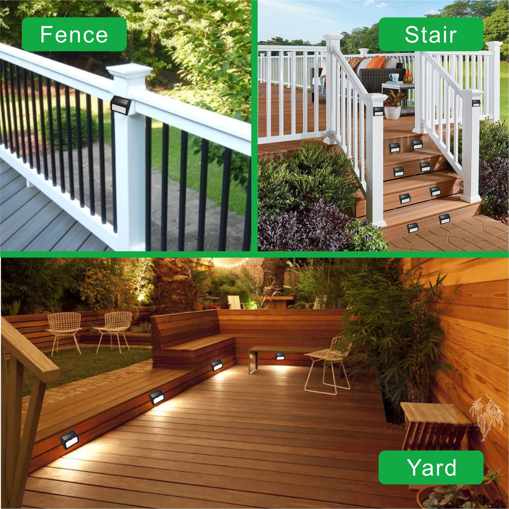 Tftek Solar Fence Lights, Waterproof Outdoor Deck Lamp, Stainless Steel, Black, 6 Pack