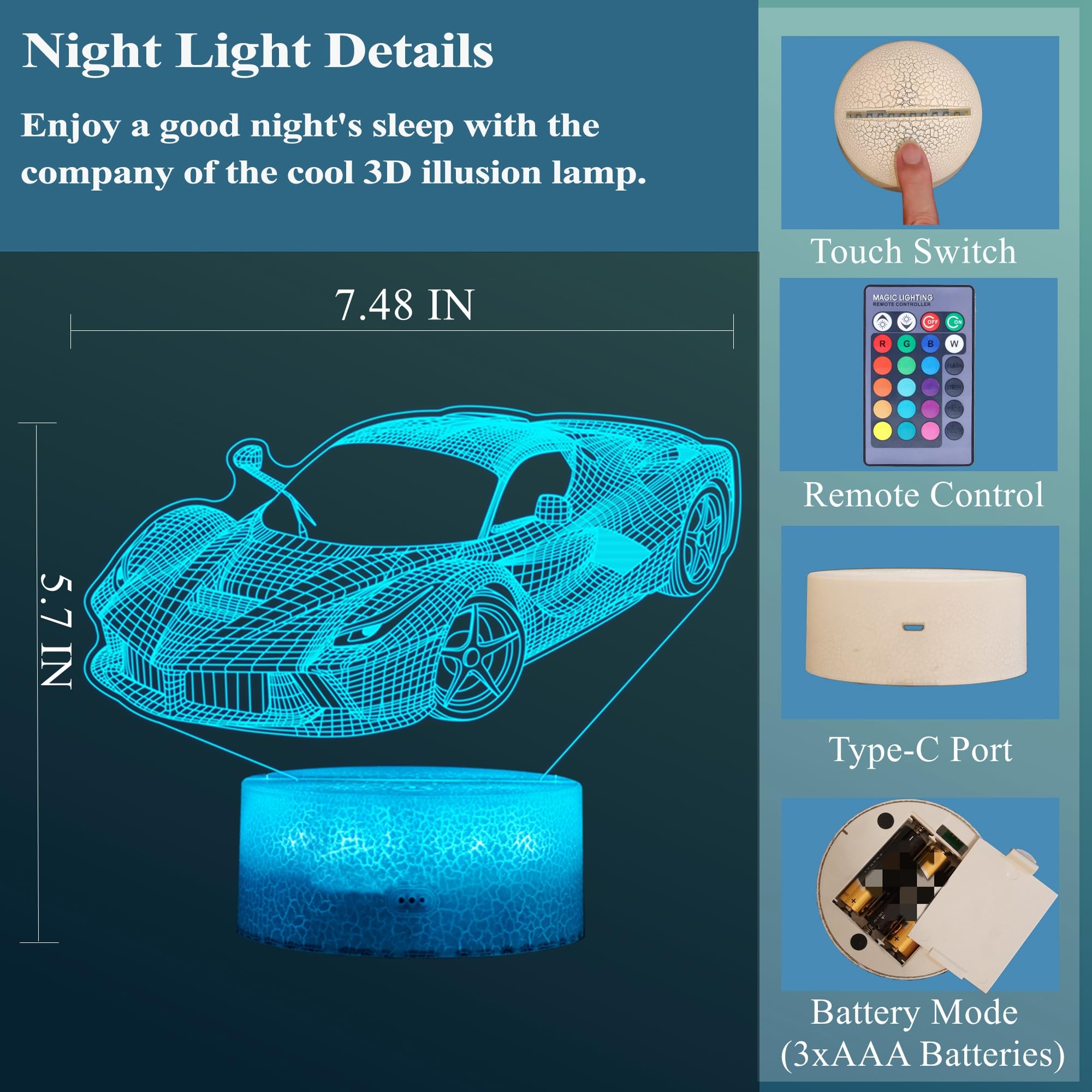 Posshe Car Gifts For Men, Racing Vehicle Night Light With Remote Control, 16 Colors Changing, Rgb Flashing Mode And Dimmable, Co