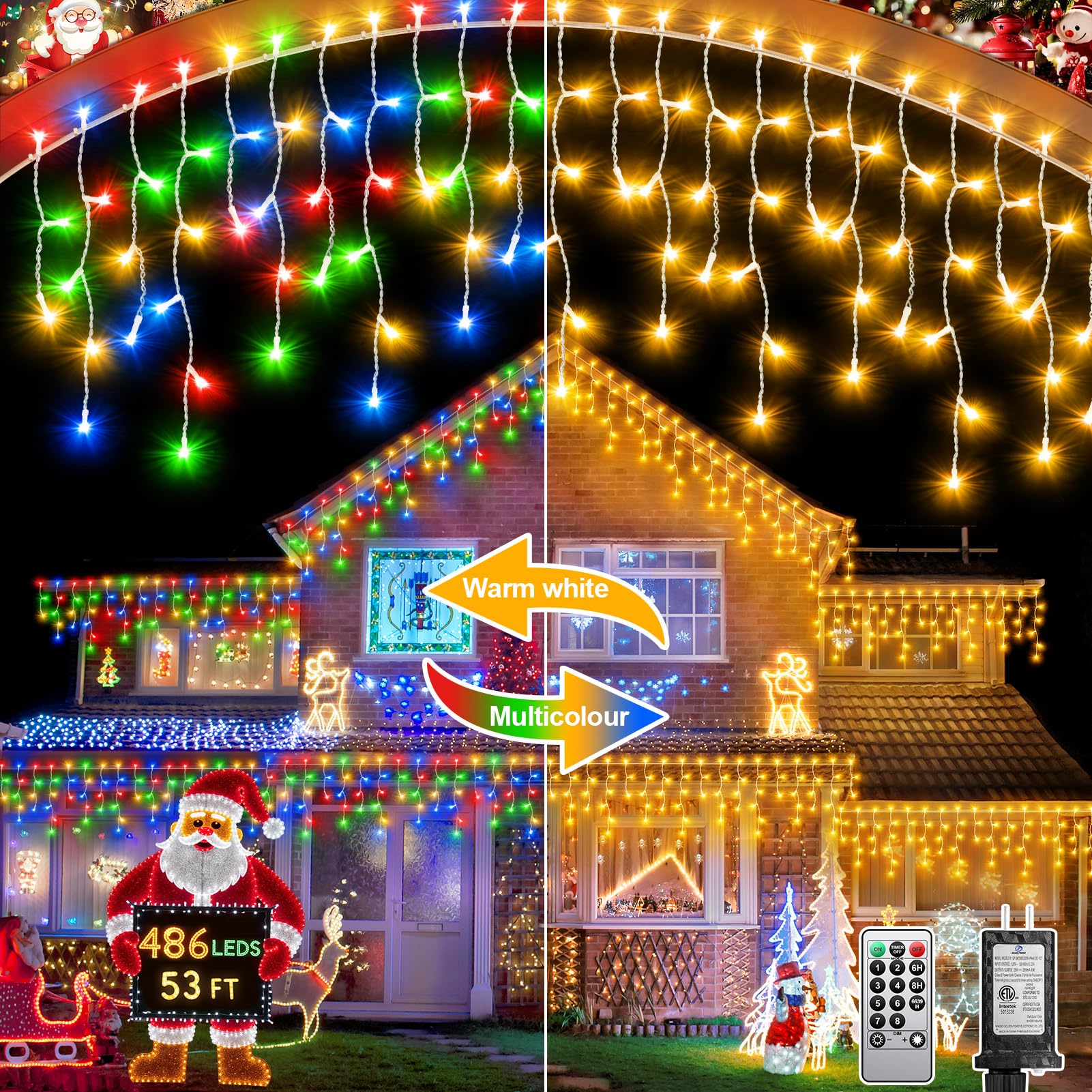 Christmas Lights Outdoor  53 FT 486 LED String Lights for Outside  Timer & Memory  Plug in 8 Modes Hanging Fairy Lights with 108 Drops for House Eaves Holidays Decorations Multicolor to White