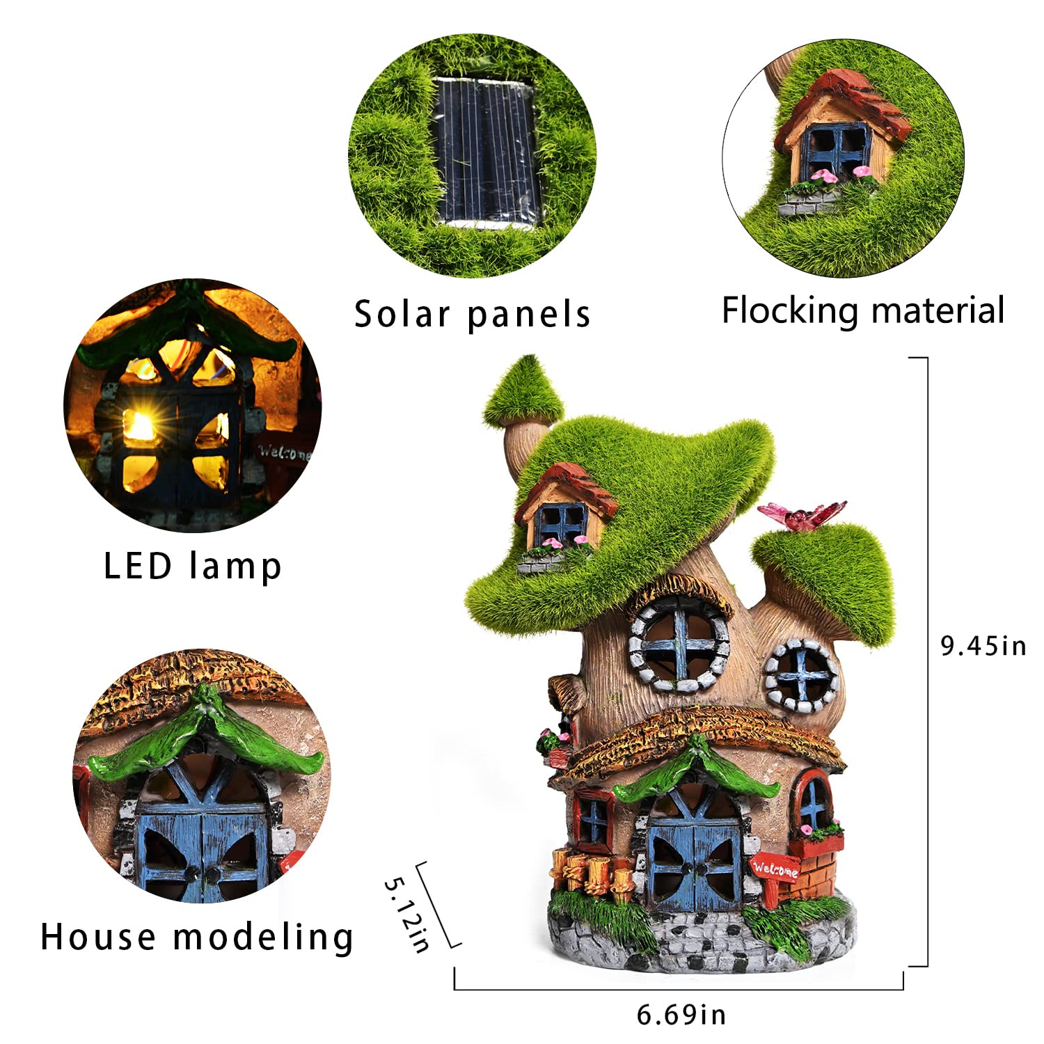 ASAWASA Flocked Mushroom Fairy Garden House with Solar Light, Resin Decor, Color: Mushroom House 2