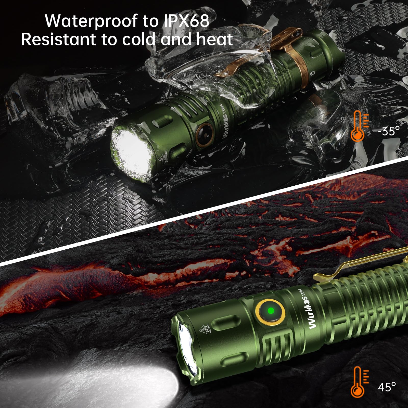 Wurkkos TD04 Tactical Flashlight - 3000 Lumens, Rechargeable, Type C, Green, for Camping & Emergency Use