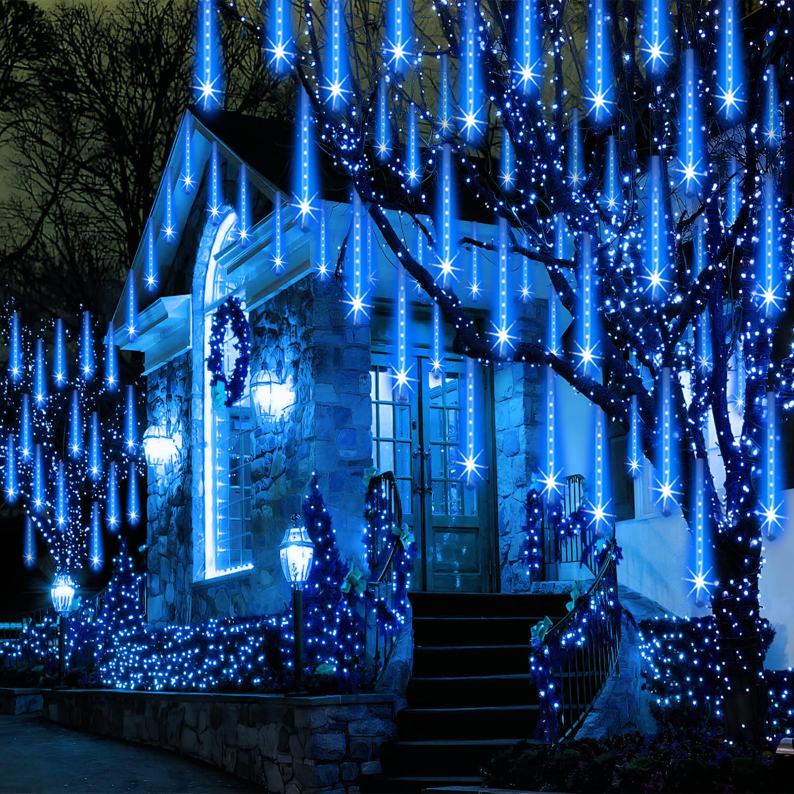 Adecorty Outdoor Christmas Meteor Shower Lights, 8 Tubes, 192 LED, Dripping Icicle String Lights, Blue, UL Certified, 26.9ft