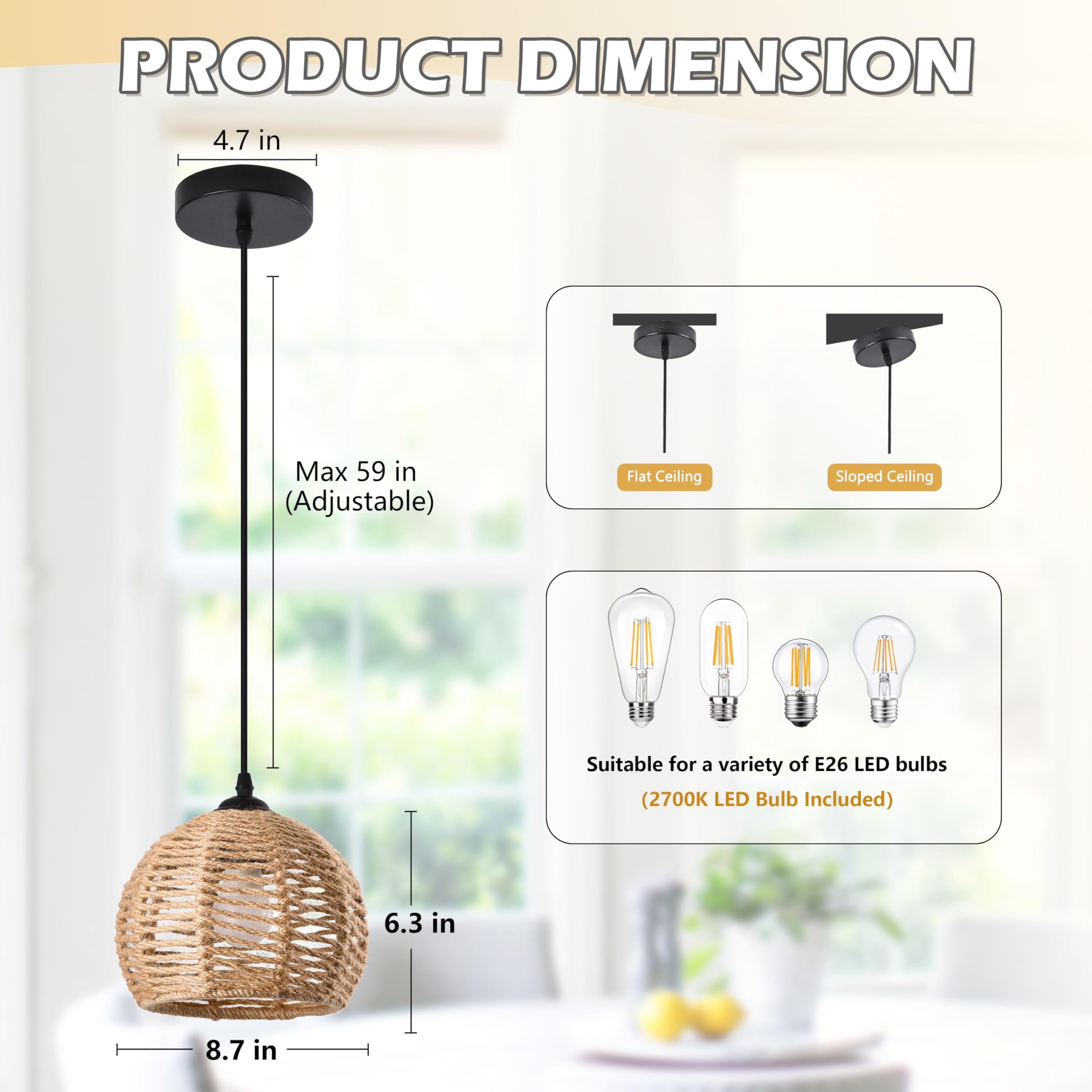 Ayshwilldec Boho Woven Pendant Light - Rustic Hemp Rope Chandelier For Dining Room & Kitchen