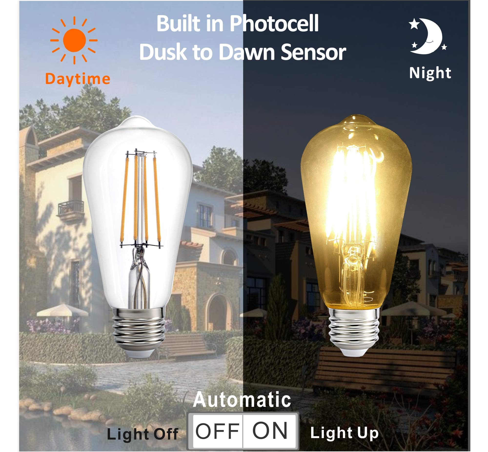 Spolico Dusk To Dawn Led Light Bulbs, 7W 800Lm, St58 St19, Warm White, Pack Of 6, Glass, Indoor/Outdoor Use