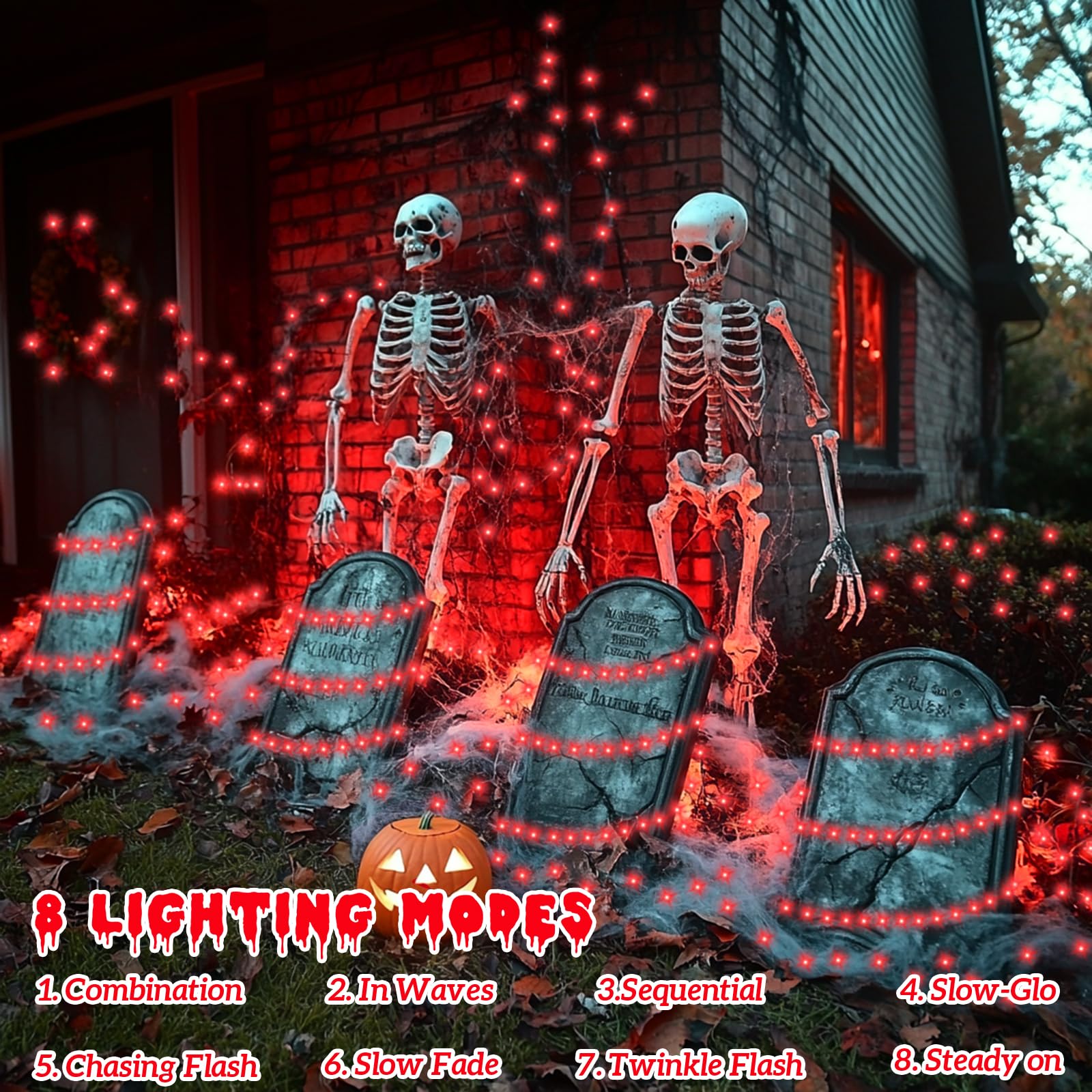 Yeguo Red Halloween Lights Outdoor Waterproof, 4 Pack Each 33Ft 100 Led Solar Fairy Lights, 8 Modes String Light For Outside