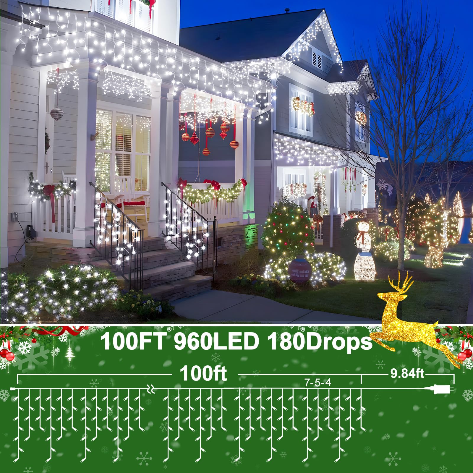 Sauirs 100Ft 960 Led Christmas Lights Outdoor Decorations With 180 Drops Timer 8Mode Curtaing String Lights Waterproof Fairy Lig