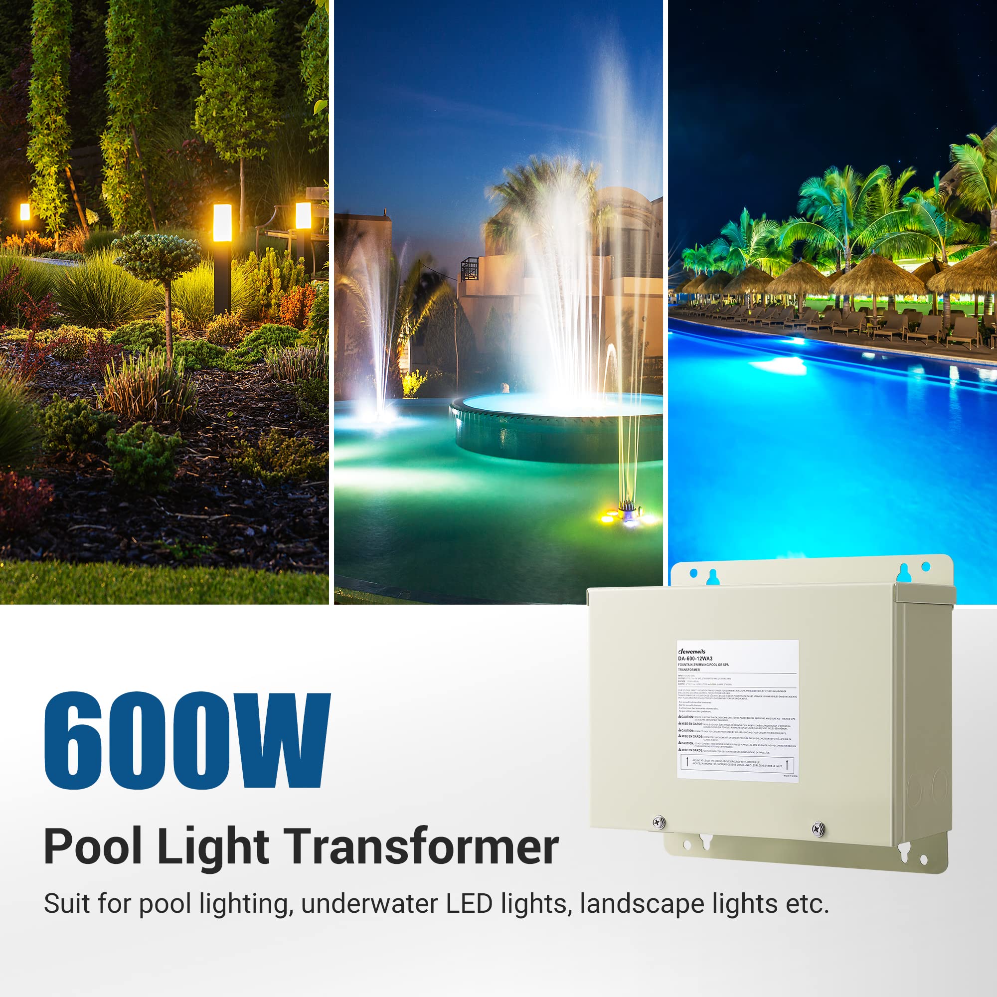 Dewenwils 600W Low Voltage Landscape Transformer  Pool Light Transformer 120V To 12V/13V/14V Ac  For Swimming Lighting  Spa & Fountain Lights  Outdoor Use  Waterproof  Etl Listed