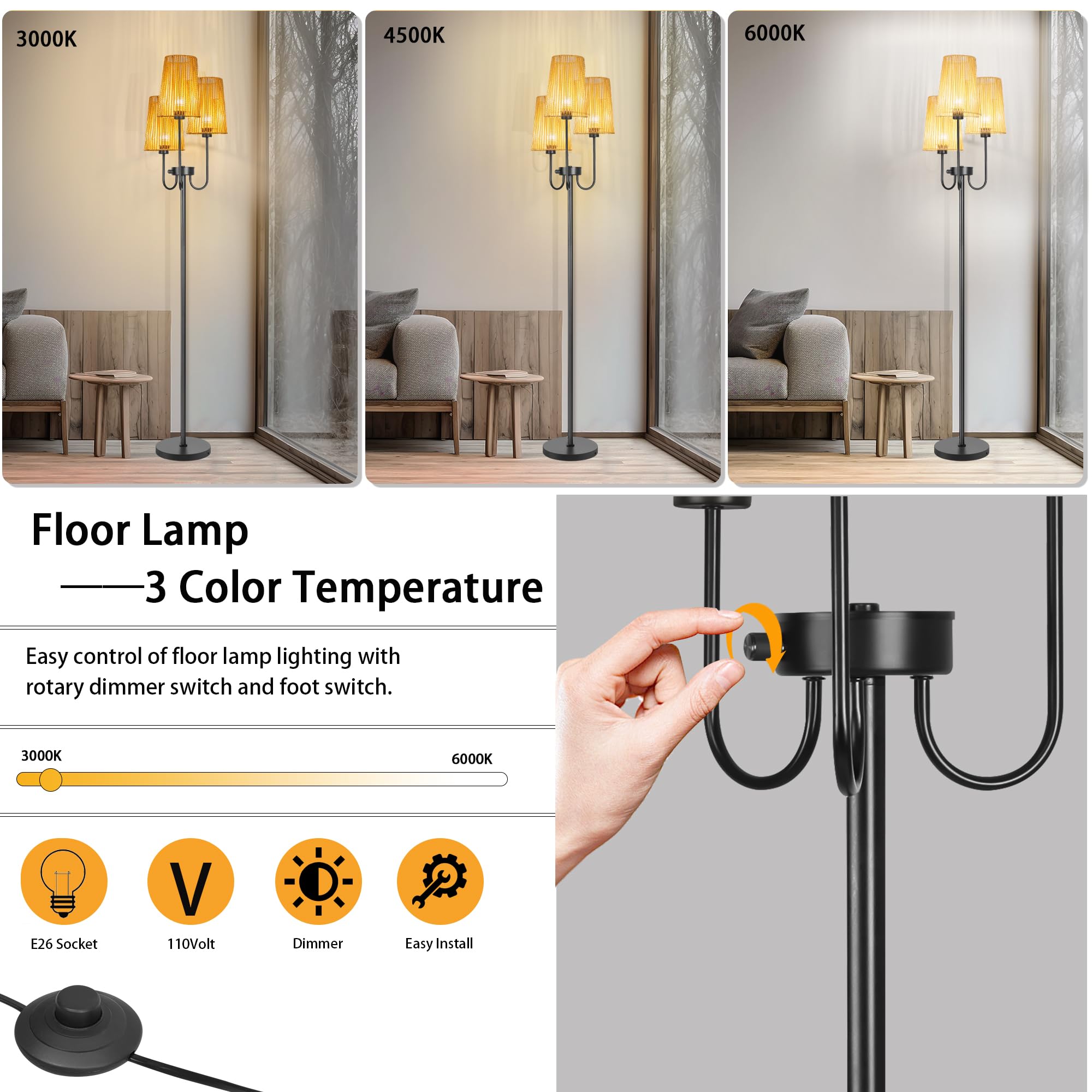 Mkpaei Boho Floor Lamp, Dimmable Farmhouse Floor Lamp With 3 Elegant Rattan Cage Shade And 7W Led Bulbs, 65'' Rustic Tree Tall L