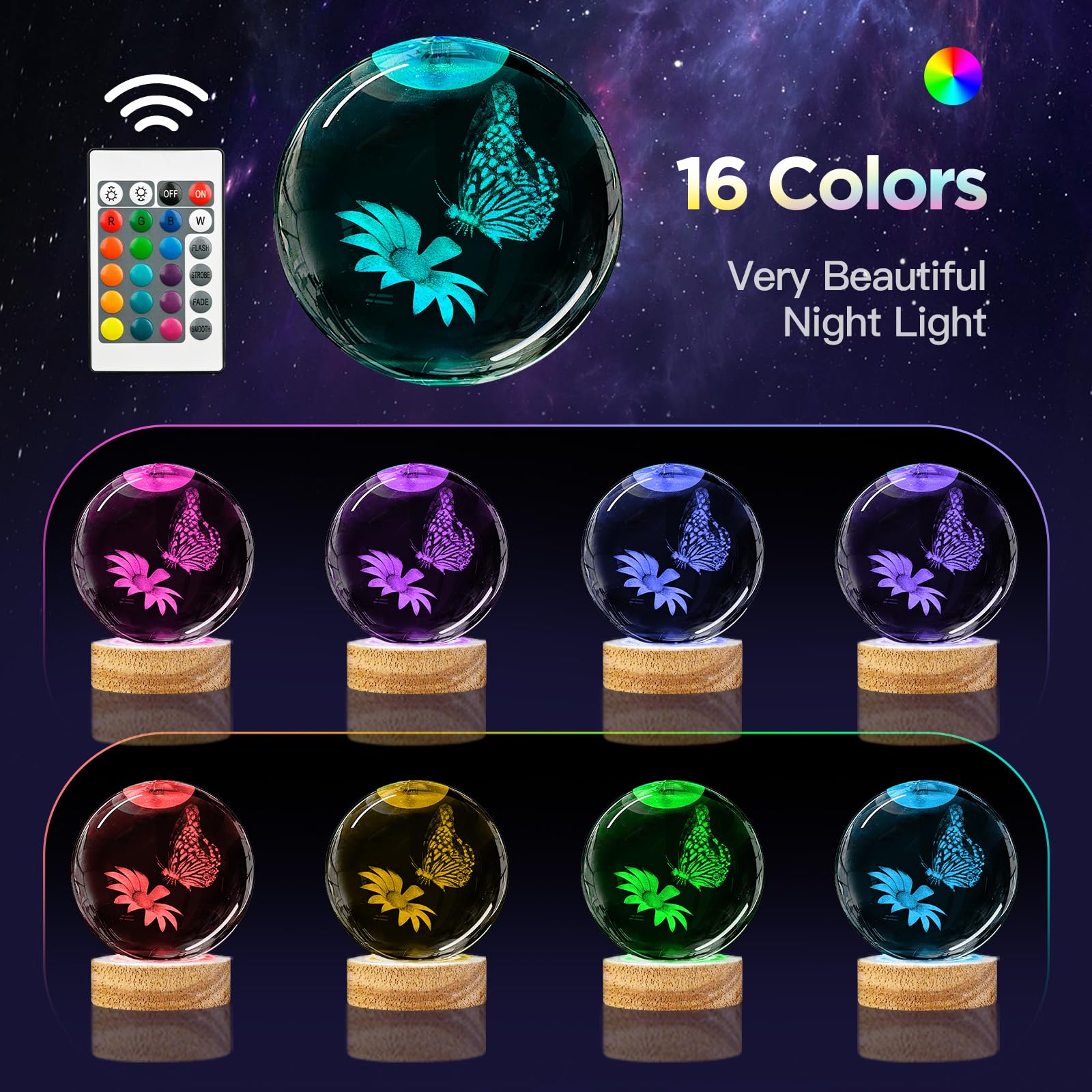Yylzephb 3D Crystal Ball Night Light With Wooden Base, 3.15'' Butterfly & Flower Figurine Glass Lamp With 16 Colors, Cute Desk D