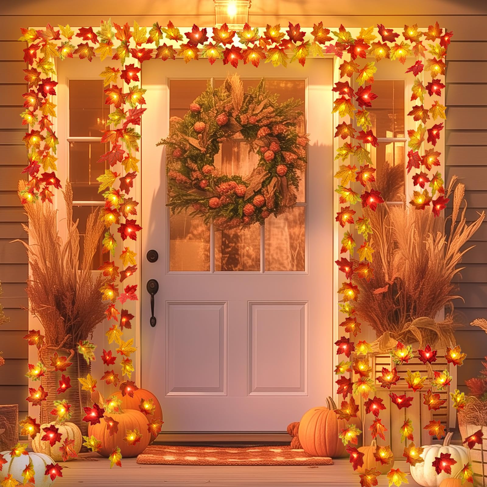 Runleo Maple Leaf Lights Garland, 40Ft, 80LED, Battery Operated, Orange, 4 Pack, Autumn Harvest Decor