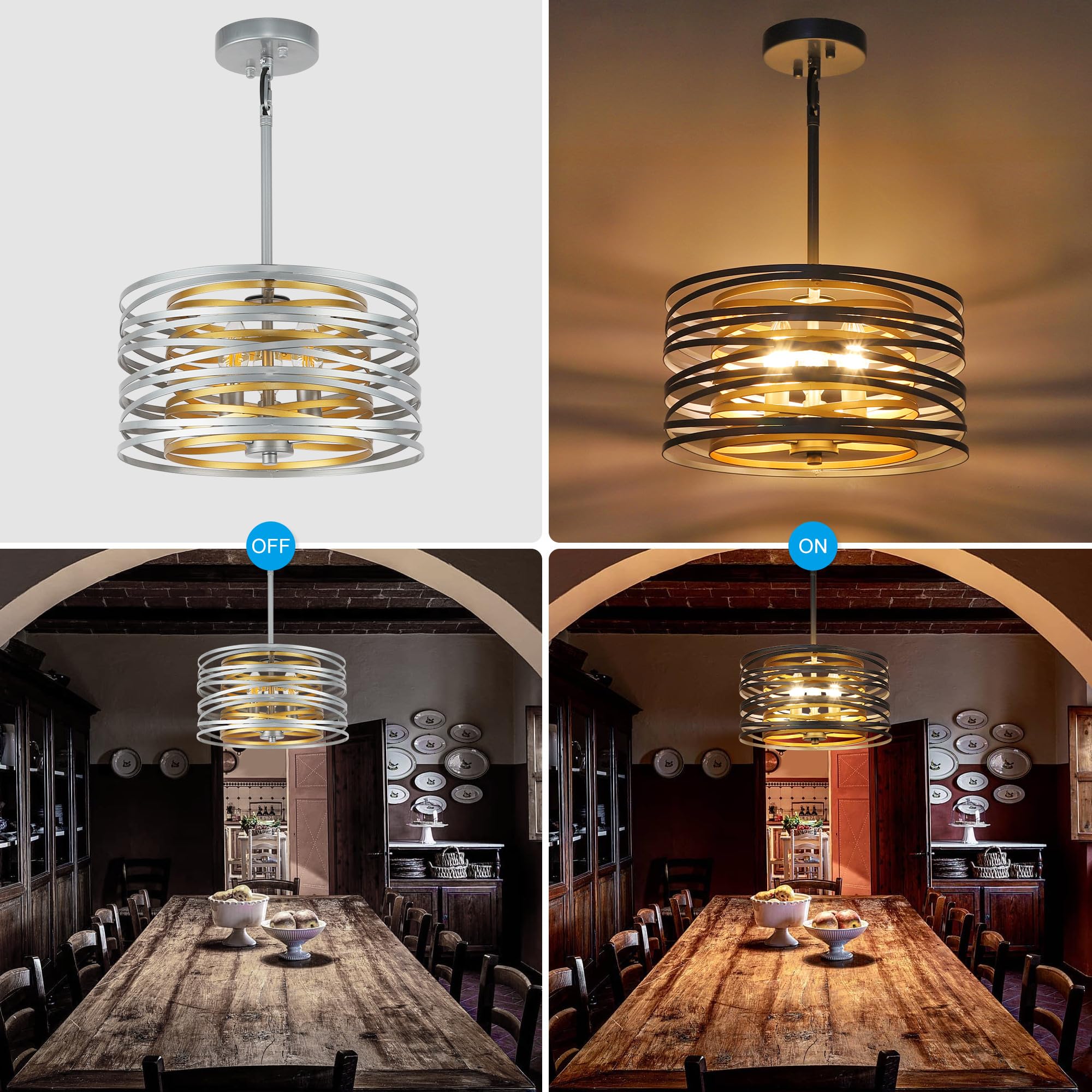ACNKTZ Drum Pendant Light Fixture, 12.6" Retro Chandelier, Silver with Gold Interior, 3-Light Semi Flush Mount for Dining Room & Bedroom