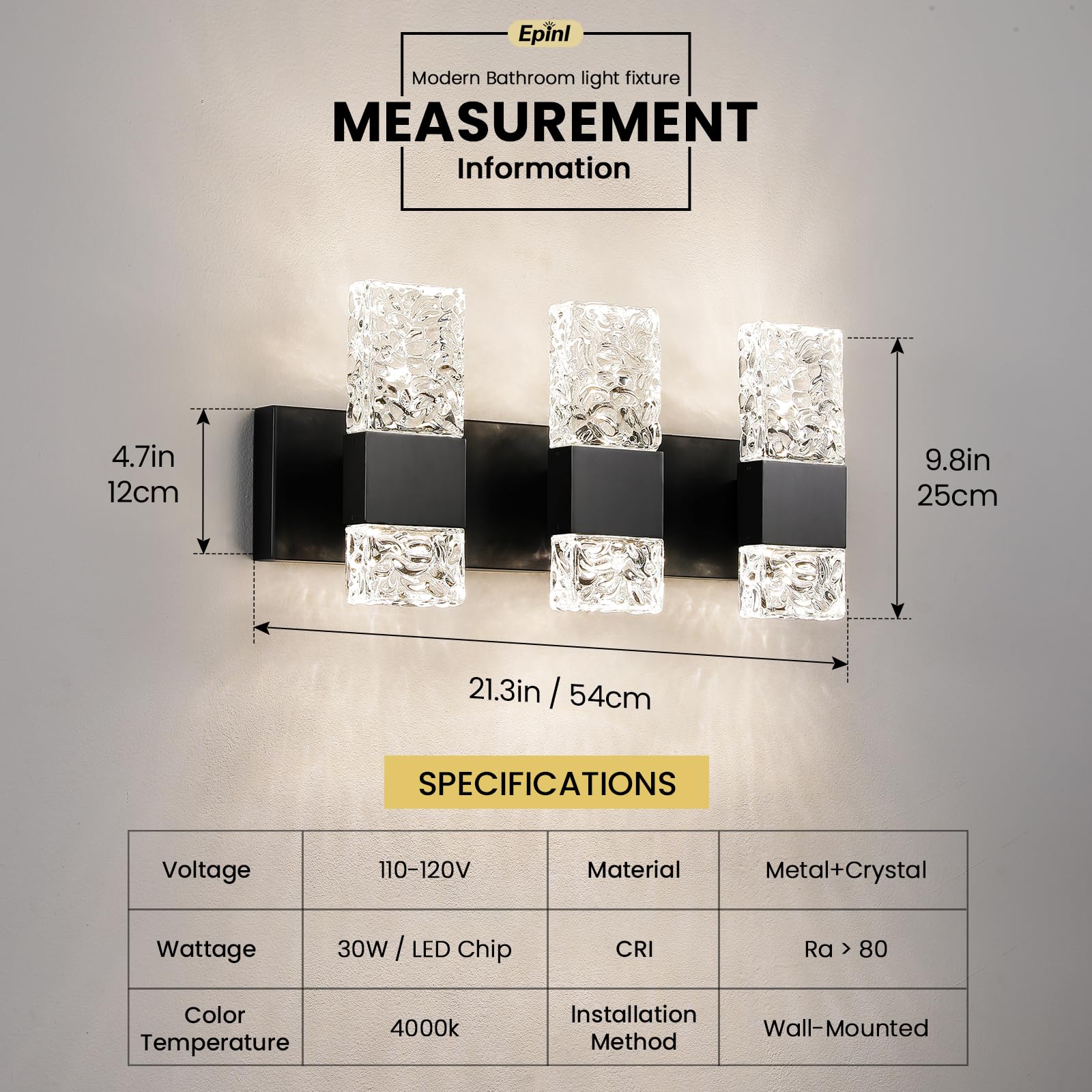 Epinl 3-Light Black Bathroom Vanity Light Fixtures, Iron + Crystal, Modern Wall Sconces, Model 8013WL-03BK-US, 4000K LED