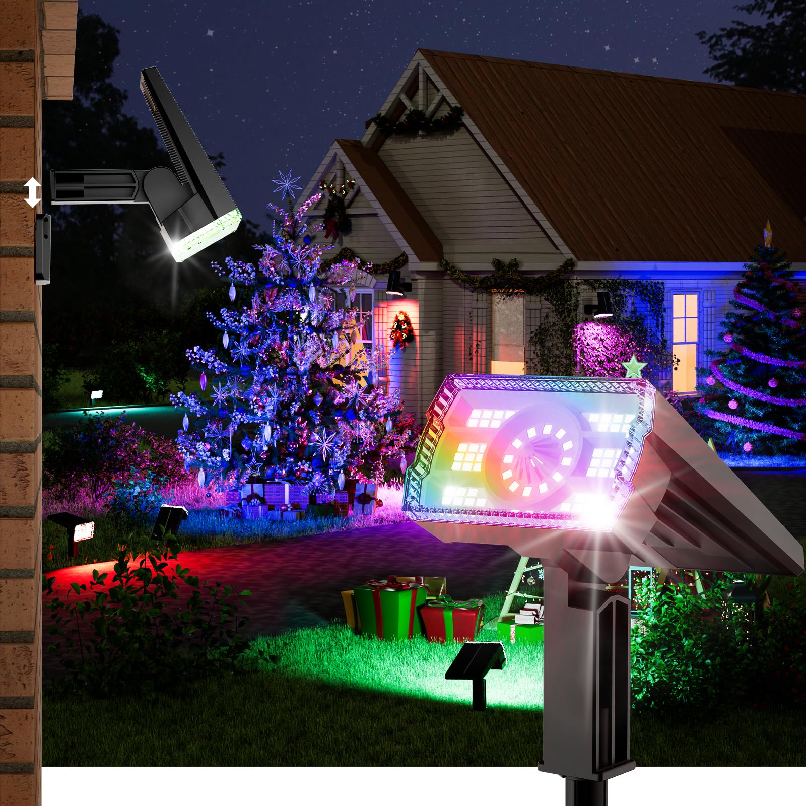 BITPOTT Solar Spot Lights, 58 LED, 8 Color Modes, Waterproof IP67, 2-in-1 Wall Light, 4 Pack, Multicolor