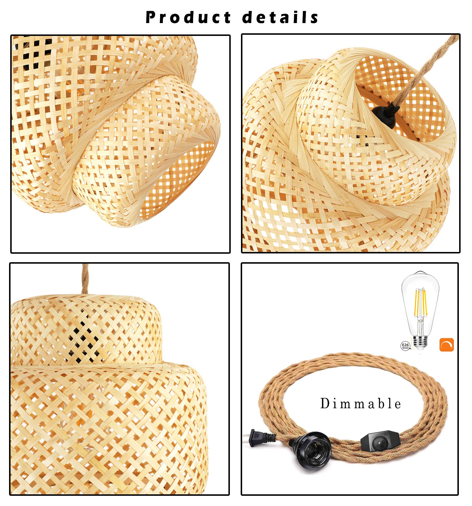 QIYIZM Plug in Pendant Light Bamboo Woven Shade Dimmable Hanging Lamp for Living Room Bedroom Kitchen, Size: Pendant Light-2