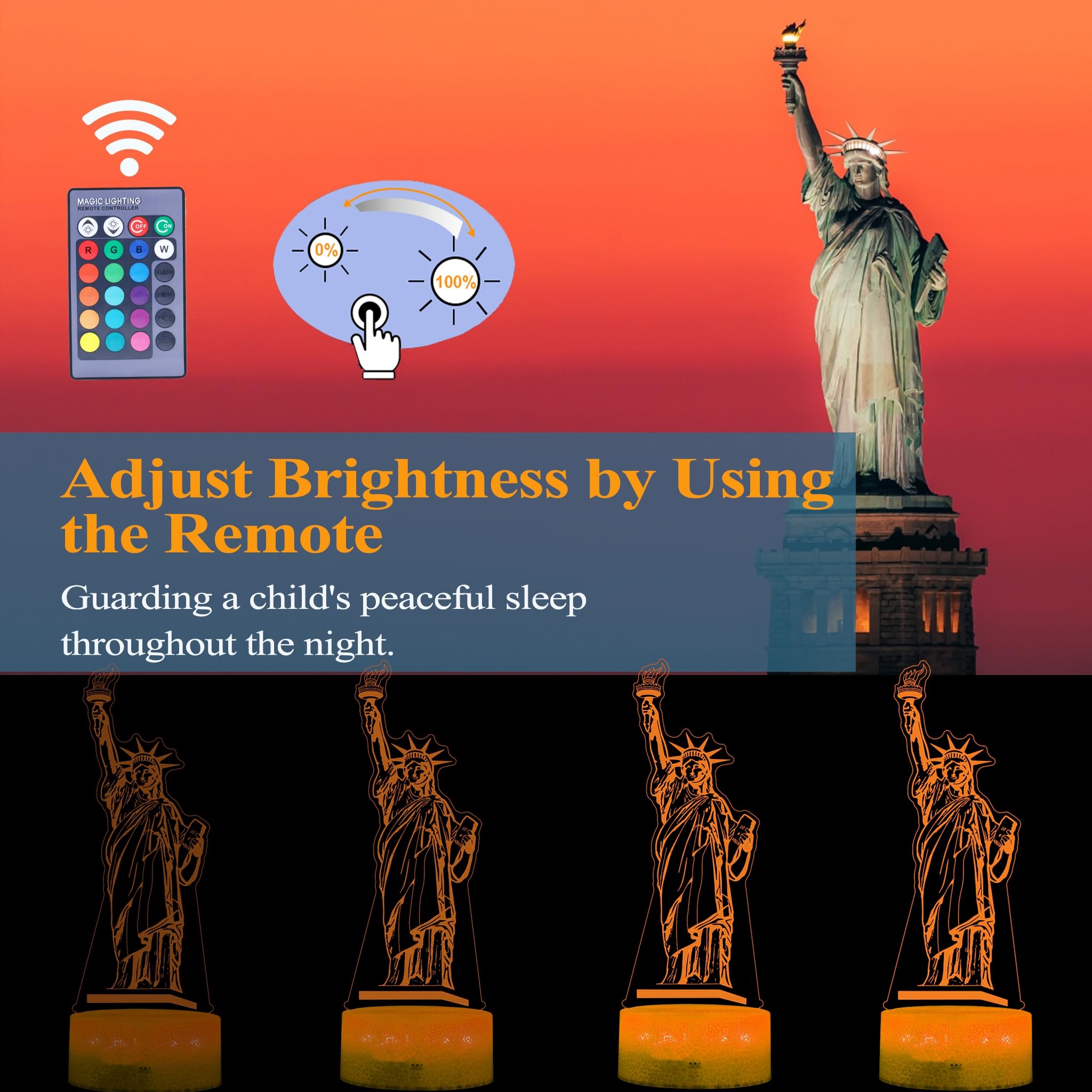 POSSHE 3D Statue of Liberty Night Light Lamp, 16 Colors, Remote & Dimmable, Kids Room Decor, Model MY-3D LAMP-CRACK
