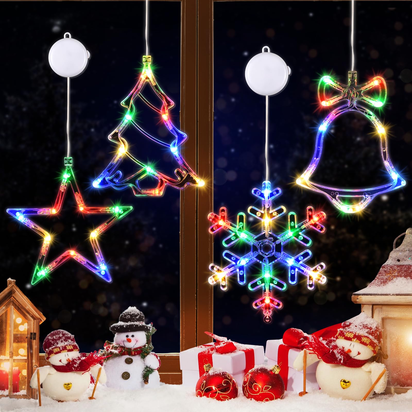 Waipfaru 4 PCS Christmas Window Lights with Timer Function,Multicolor Christmas Window Decorations Jingle Bell Snowflake Xmas Tr