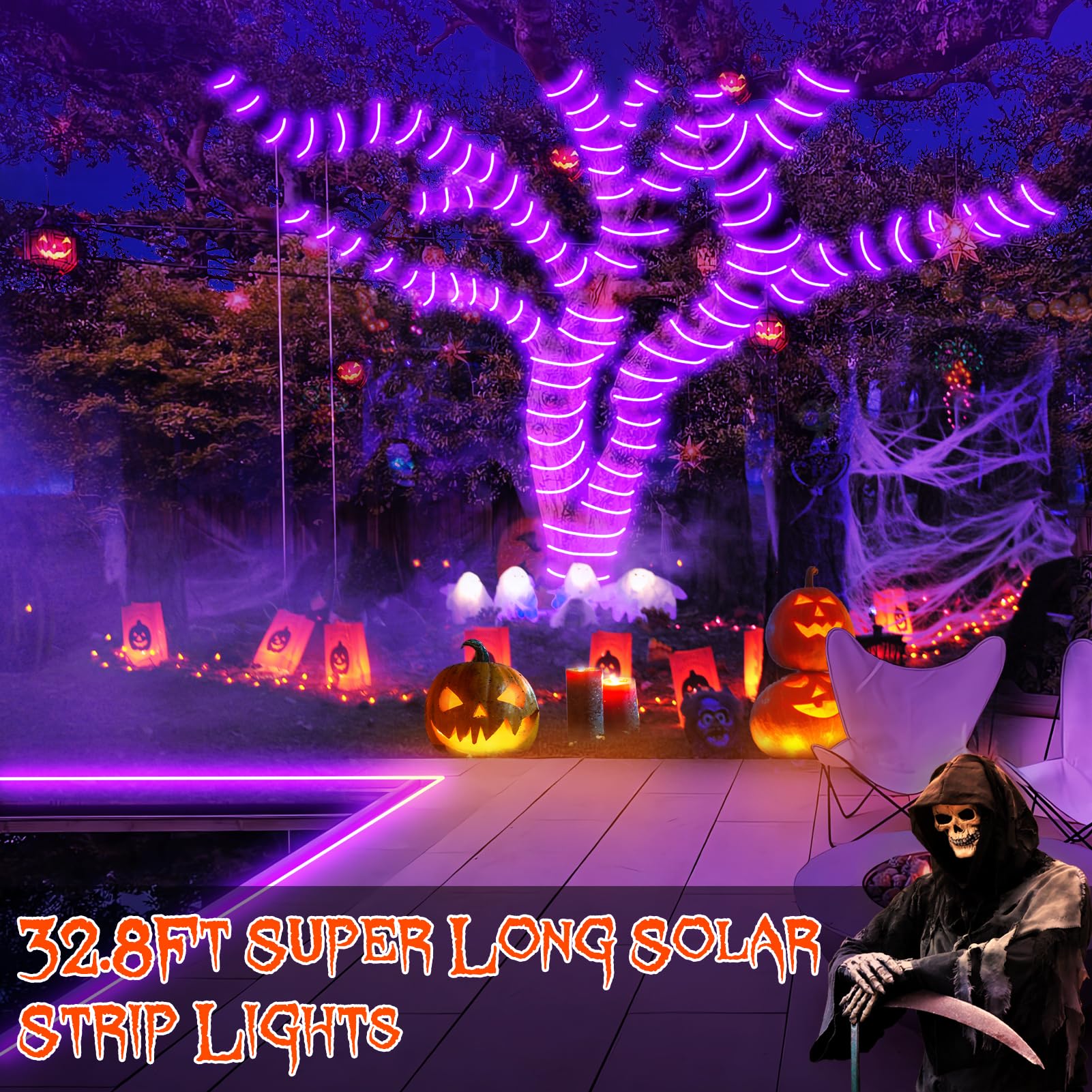 Solar Purple Lights Outdoor, 33Ft Purple Solar Strip Lights With Timer Remote Auto On/Off Self-Adhesive Halloween Rope Lights For Fence Yard Landscape Pathway Christmas Garden Decor