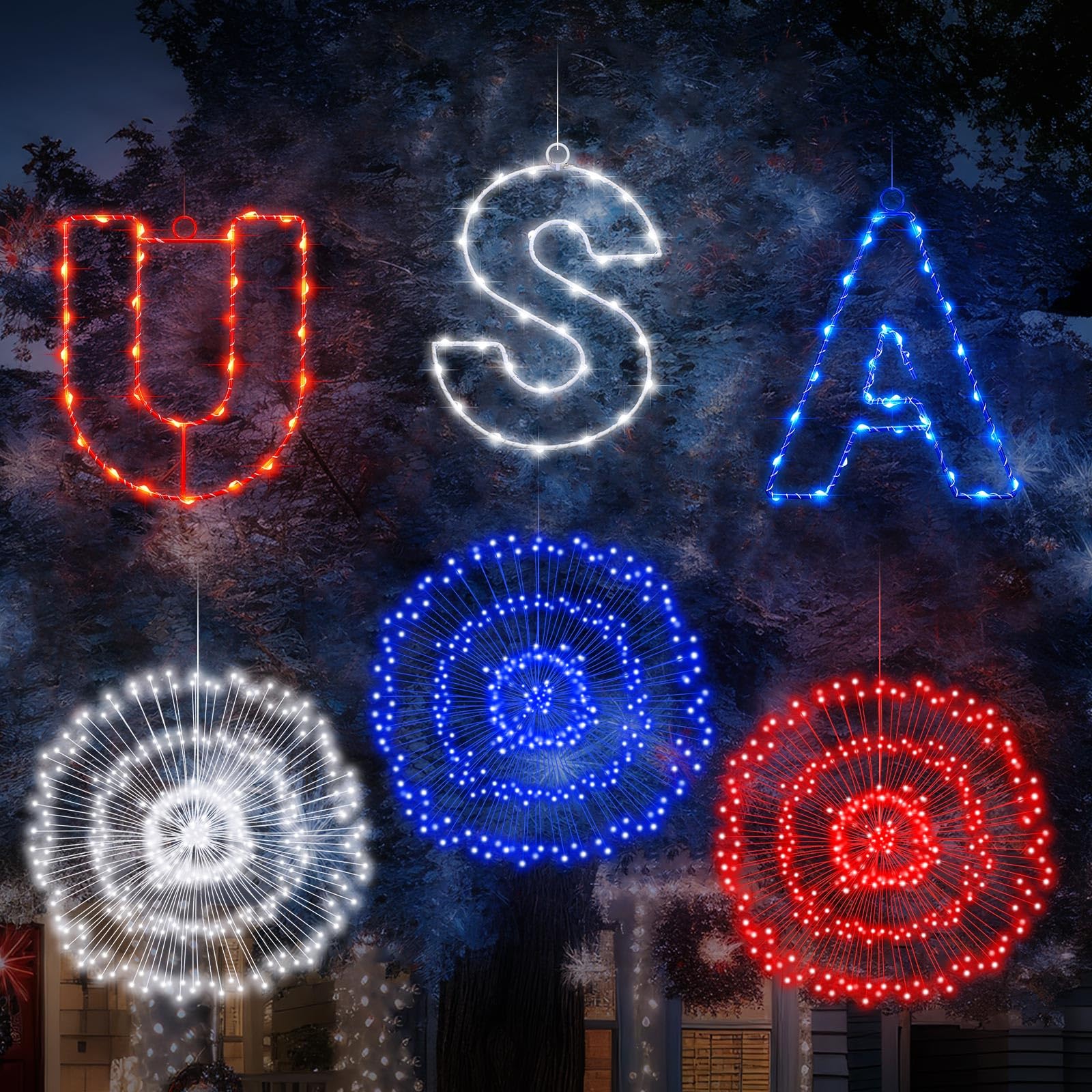 Aurelema 6 Pack 4th of July Decorations Firework Lights Hanging Patriotic Red White and Blue Starburst USA Letter 160 LED Lights