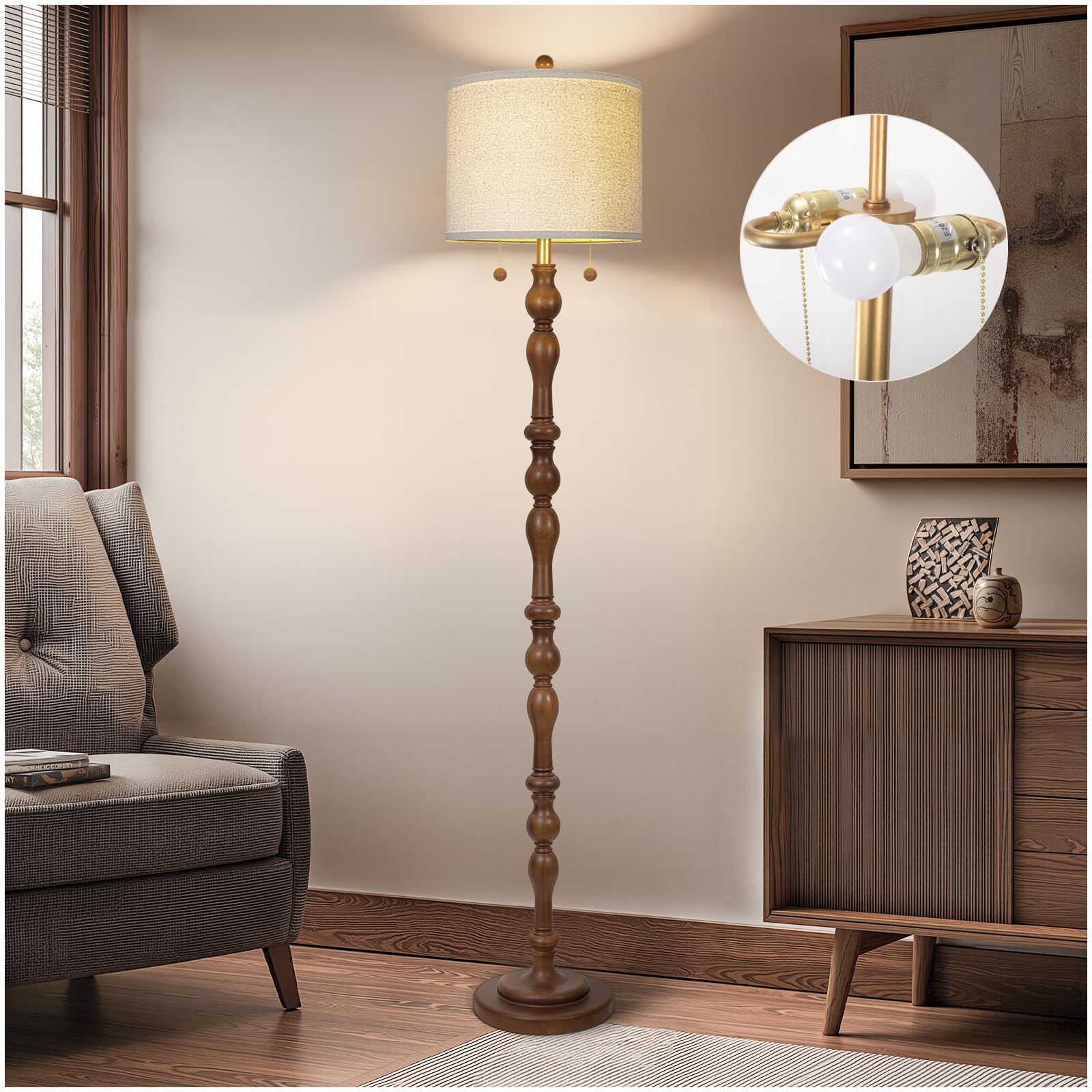 65.5'' Natural Real Wood Floor Lamp With S Cluster Pull Chains Dual Switch,Wood Base Standing Lamp,Rustic Tall Lamp With Linen S