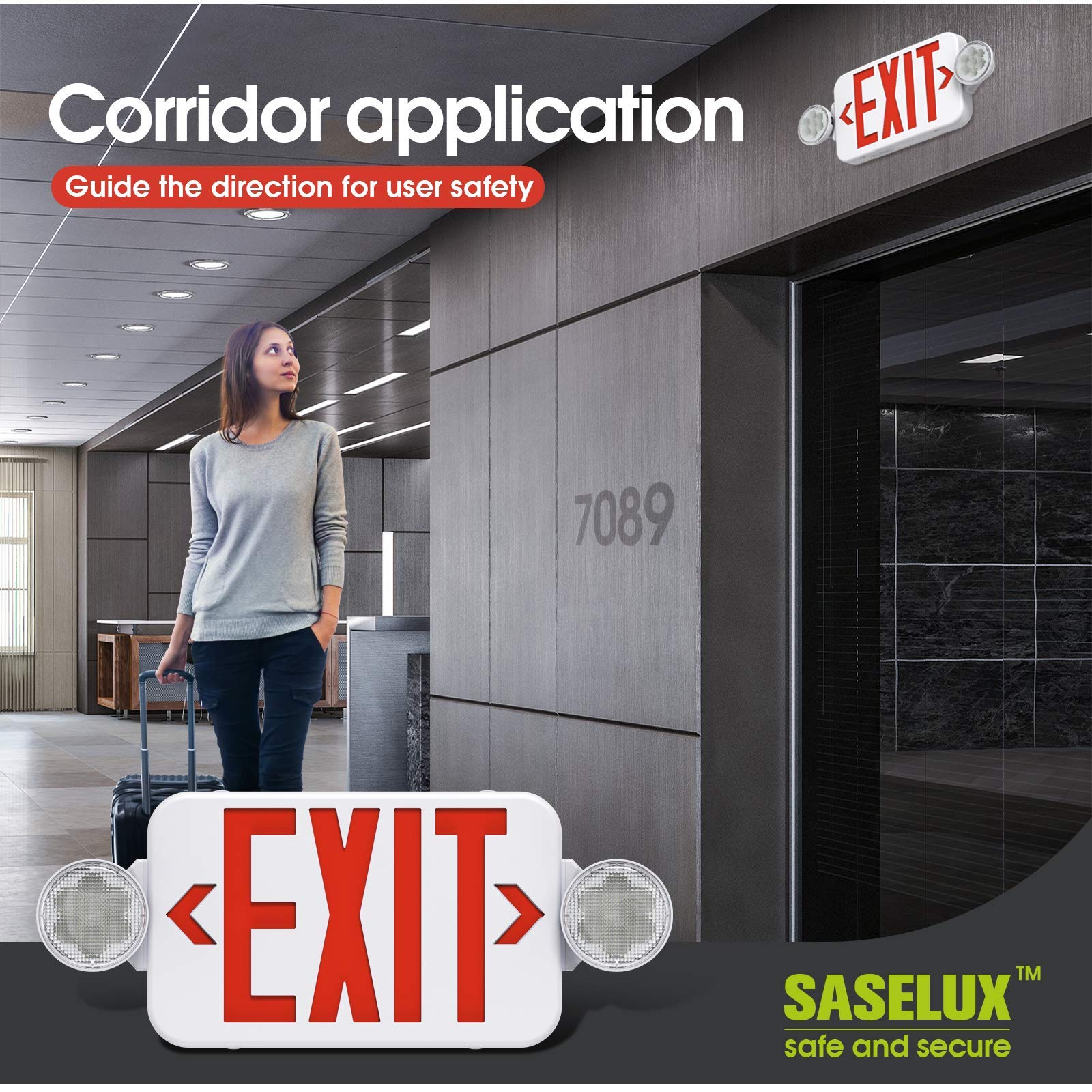 Saselux Red Led Exit Sign Emergency Light Combo Adjustable Two Head, Double Sided And Battery Backup Exit Light, Contractor Select, Ac 120/277V (4 Pack)