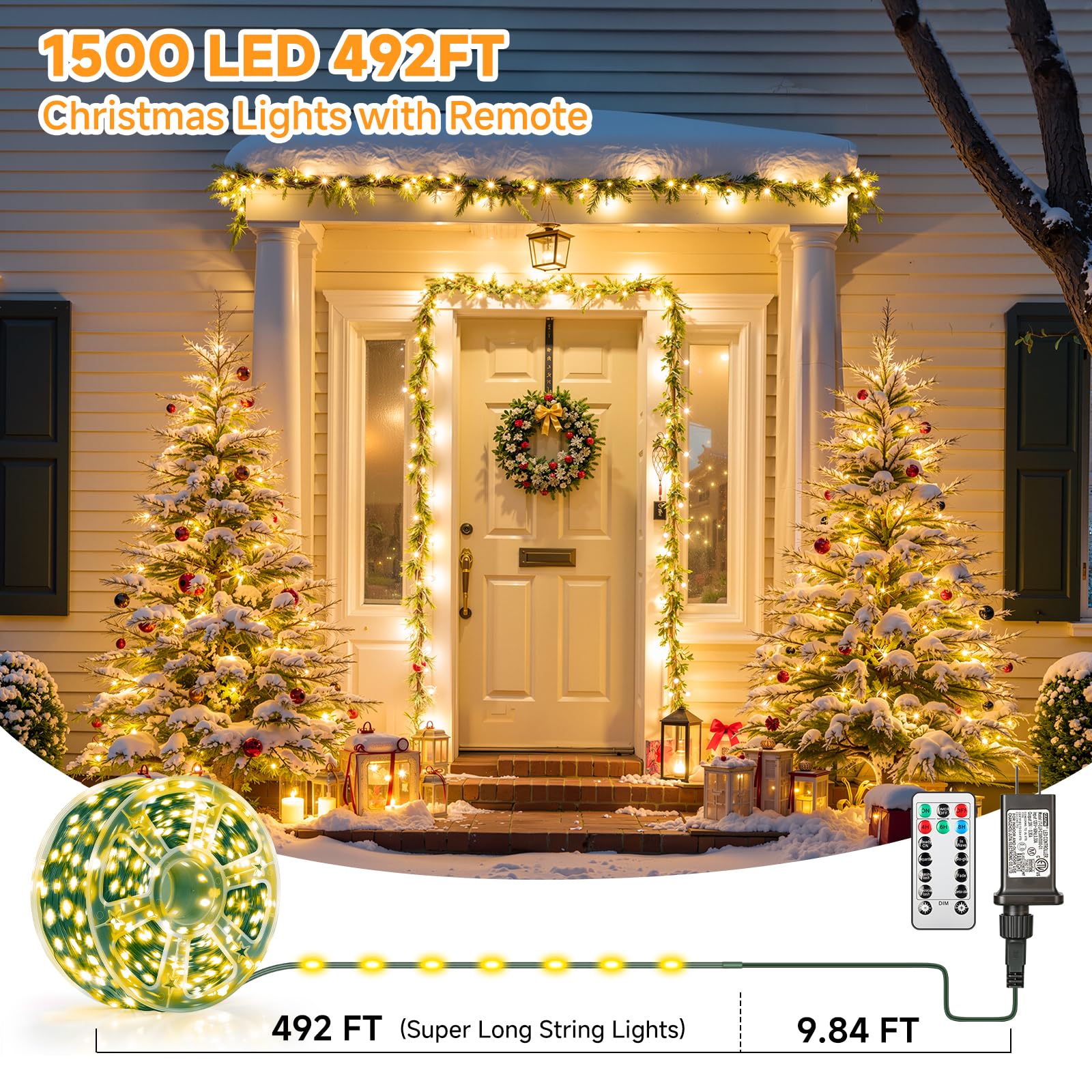 Mlambert 1500 Led Christmas Lights 492Ft  Outdoor Waterproof Dimmable Fairy Lights With Remote  8 Modes Indoor Lighting For Holiday D?Cor  Warm White