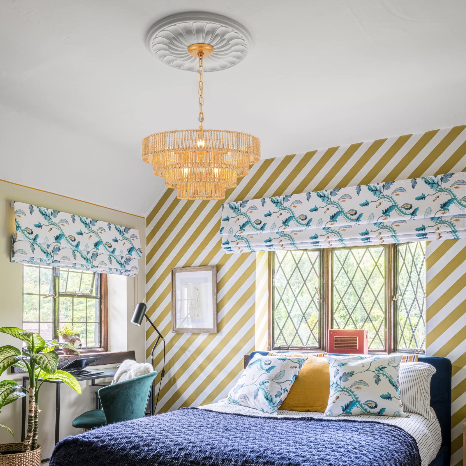 Elyccupa 6-Lights Hand-Woven Rattan Pendant Light 4 Round Transitional Minimalist Boho Large Pendant Light For Kitchen Island Dining Room Living Room Hallway, Dia 20 Inch, Ul Listed