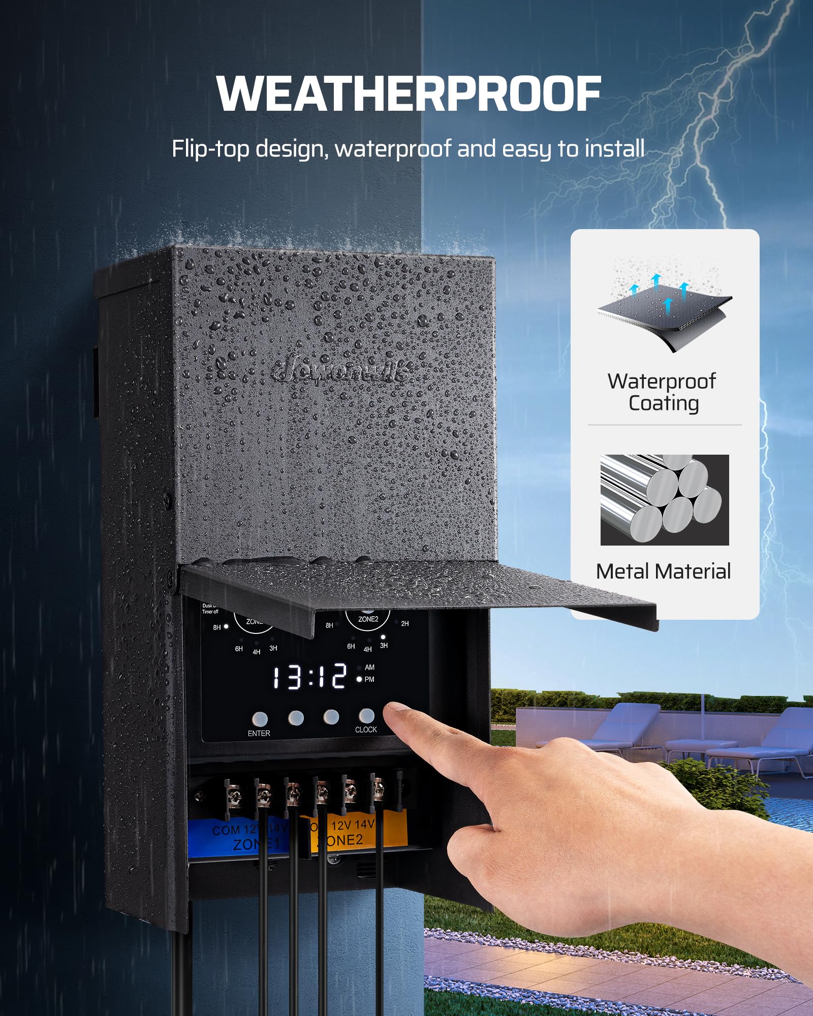 DEWENWILS 200W Low Voltage Landscape Lighting Transformer with Photocell Sensor & Timer, 120VAC to 12/14VAC, Model HOSL04K1